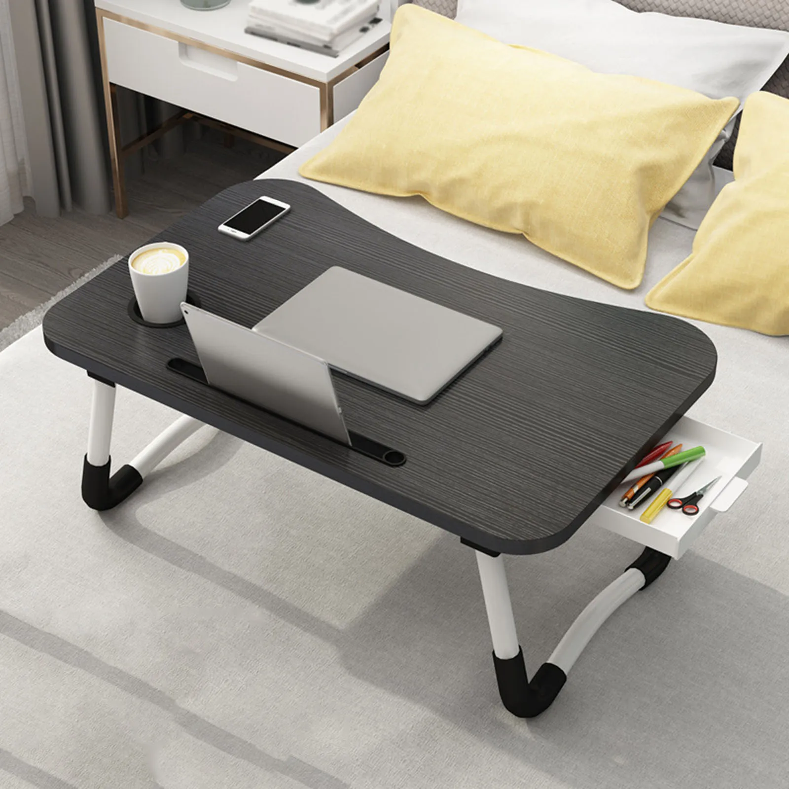 Laptop Bed Table Foldable Lap Table with Cup Holder Drawer Tablet Stand Laptop Bed Tray Table Portable Lap Table Foldable Legs