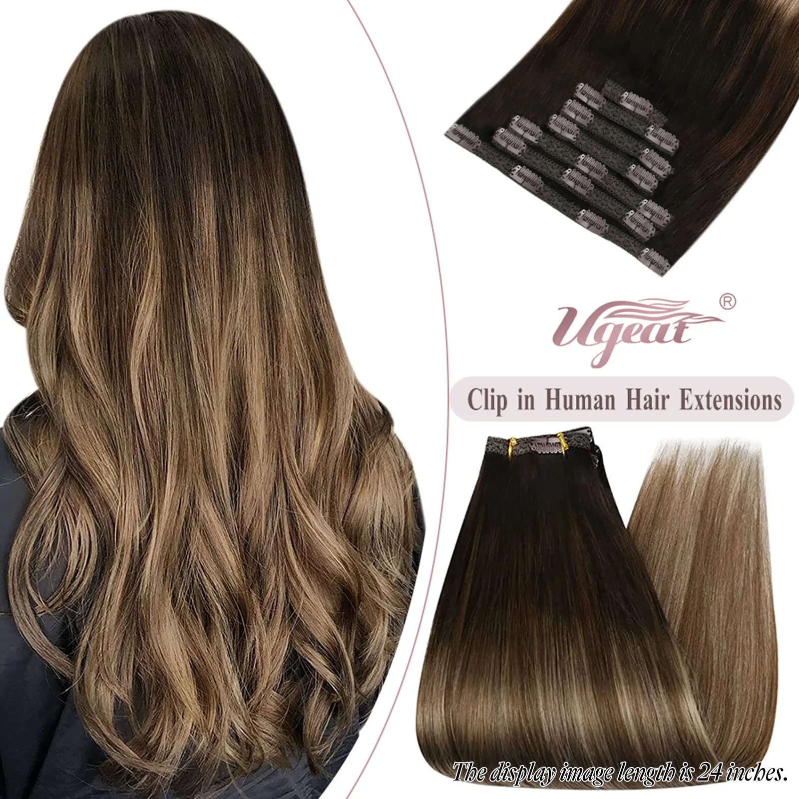 Ugeat Clip-in-Haarverlängerungen, Echthaar, echtes Remy-Haar, Highlight, blonde Farbe, voller Kopf, Balayage, bralisische Haarverlängerungen, 7 Stück