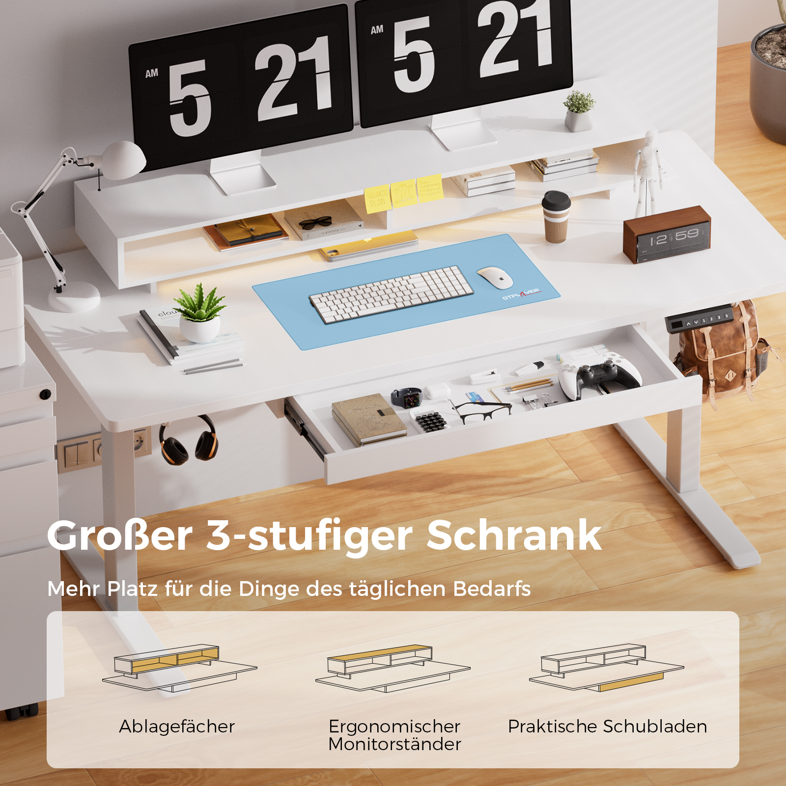 GTPLAYER Höhenverstellbarer Schreibtisch Elektrischer, 120x60cm Schreibtisch Schubladen und Monitorständer, Ideal für Büro