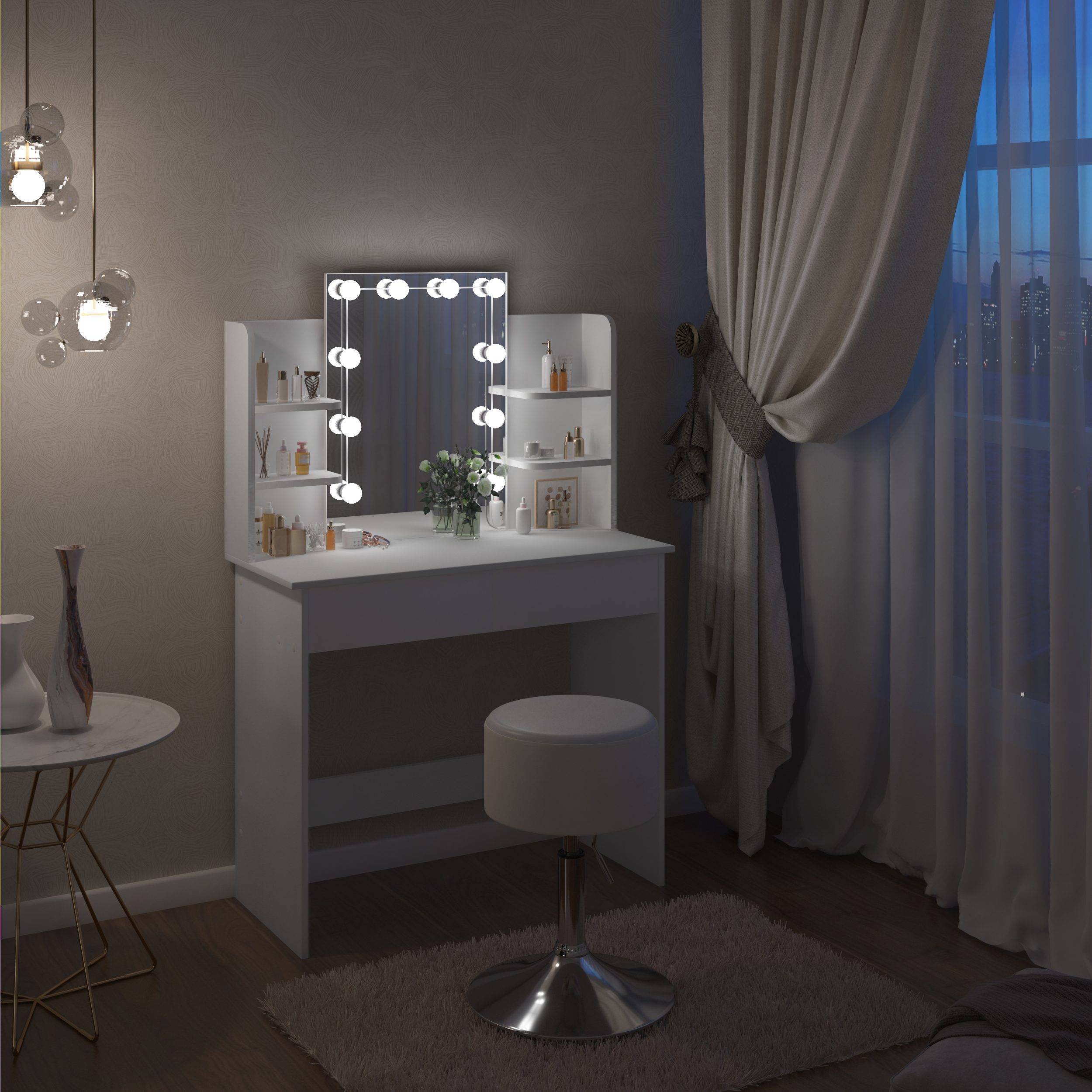 Comò Toeletta con Specchio LED 2 Cassetti 4 Ripiani portaoggetti 90x40x125 cm Tavolo da trucco per ragazze e donne Tavolo da trucco per camera da letto