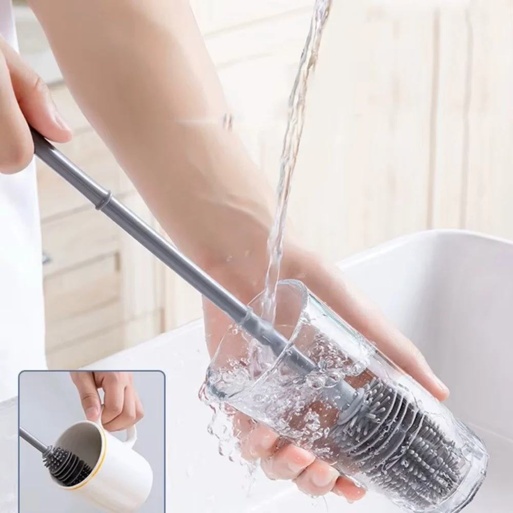 Cepillo de silicona para botella de leche, limpiador de vidrio, herramienta de limpieza de cocina, mango largo, botella de bebida, cepillo de limpieza de tazas de vidrio