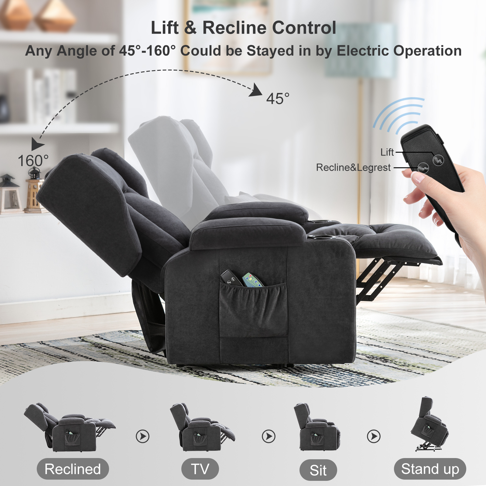 Sillón reclinable COMHOMA, sillón de masaje con elevación y superficie de tela, sillón elevador eléctrico, sillón para TV, sillón con elevación y función reclinable, tela