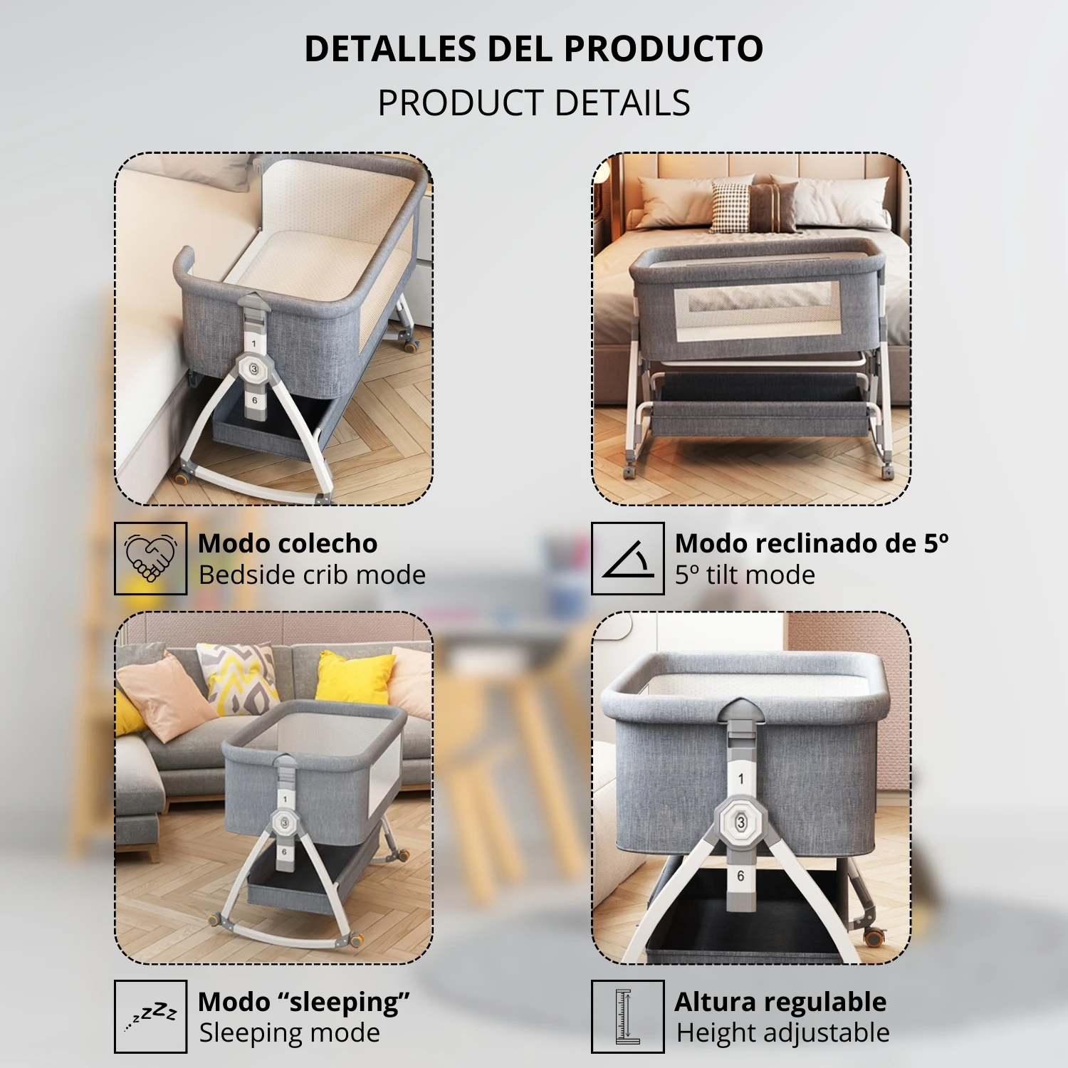 JUICYGOODS - Cuna 3 en 1 covertible, Hasta 13 kg, Cuna mecedora, Colecho, Altura ajustble, Inclinación, Con 4 ruedas, Sistema de bloqueo de seguridad en ruedas, Colchón ergonómico de espuma incluido
