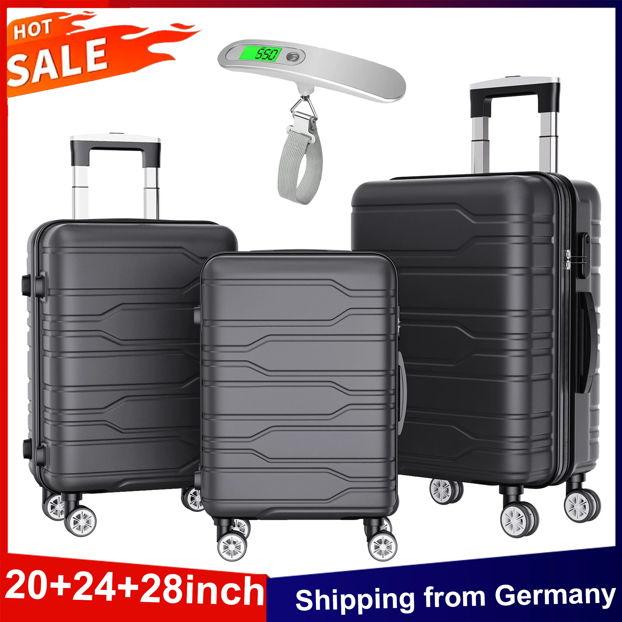 Anaqaqia 3-in-1-Koffer-Set 20+24+28 Zoll, mit TSA-Schloss und 360° °   Räder und Waagen, Hartschalen-Reisewagen-Handgepäckset, Schwarz