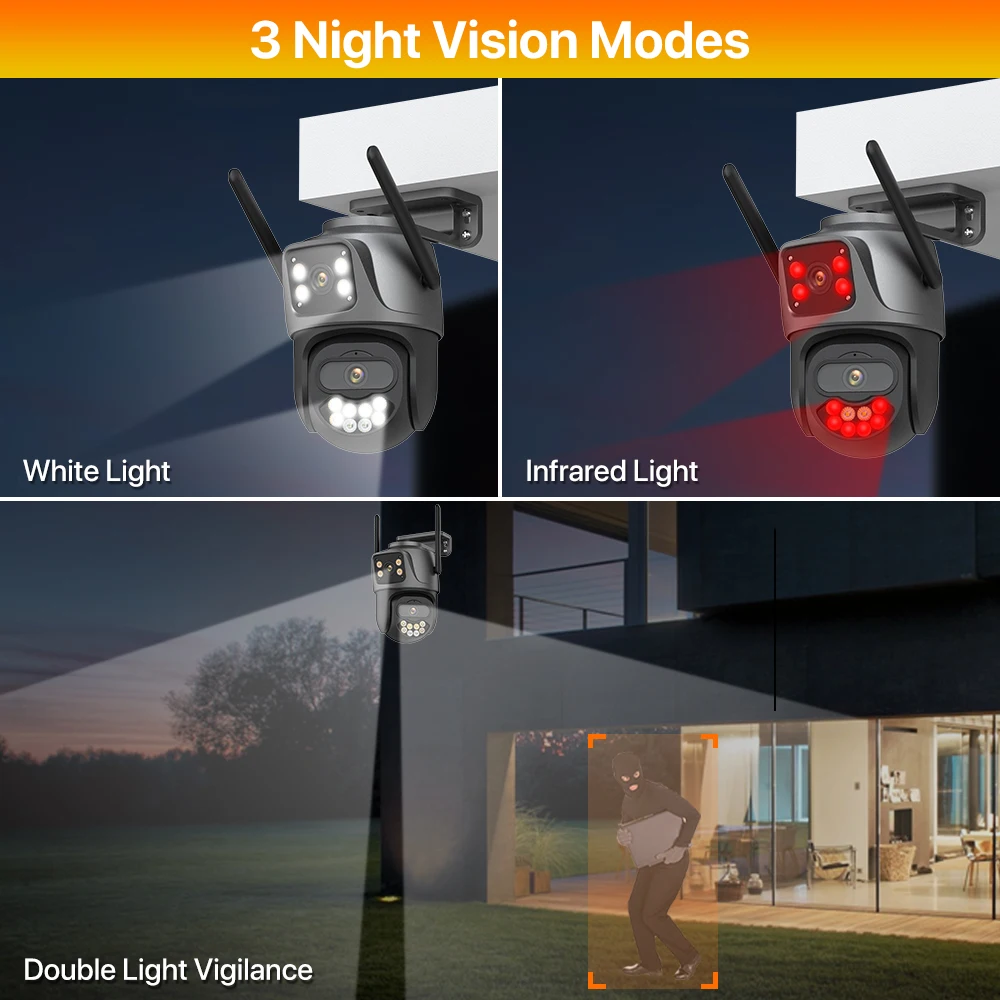 Telecamera IP WIFI 4K 8MP Telecamera di sicurezza esterna a doppio obiettivo Telecamera di sicurezza 4MP Ai Rilevamento umano Protezione di sicurezza Telecamera impermeabile PTZ iCsee