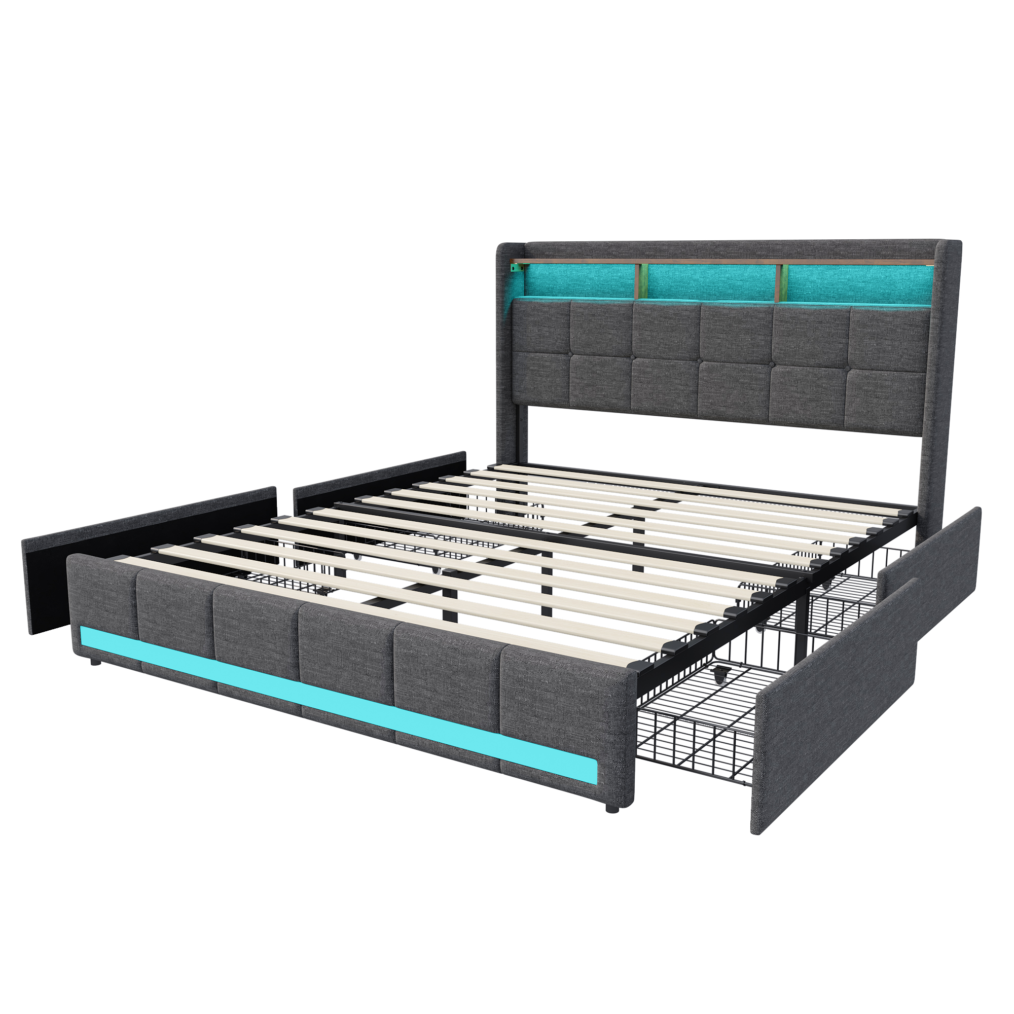 Armação de cama estofada com carregamento USB Headboard, armazenamento duplo, LED Light, 4 gavetas, 160x200cm