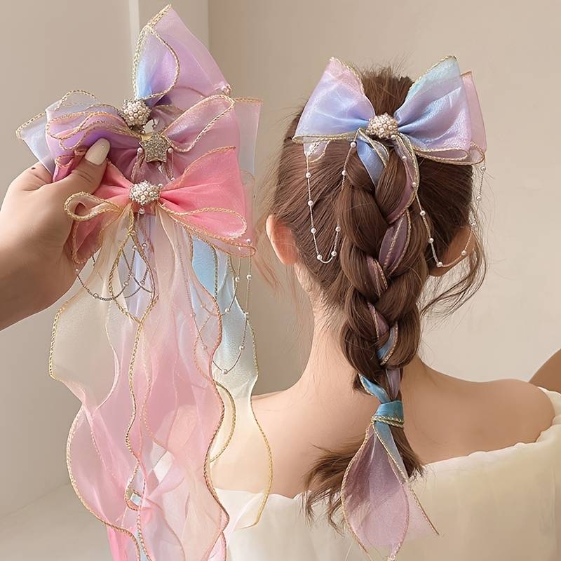 Clips de cinta con lazo de malla para niñas, decoración de borlas de perlas de imitación, accesorios para el cabello para actuación de fiesta