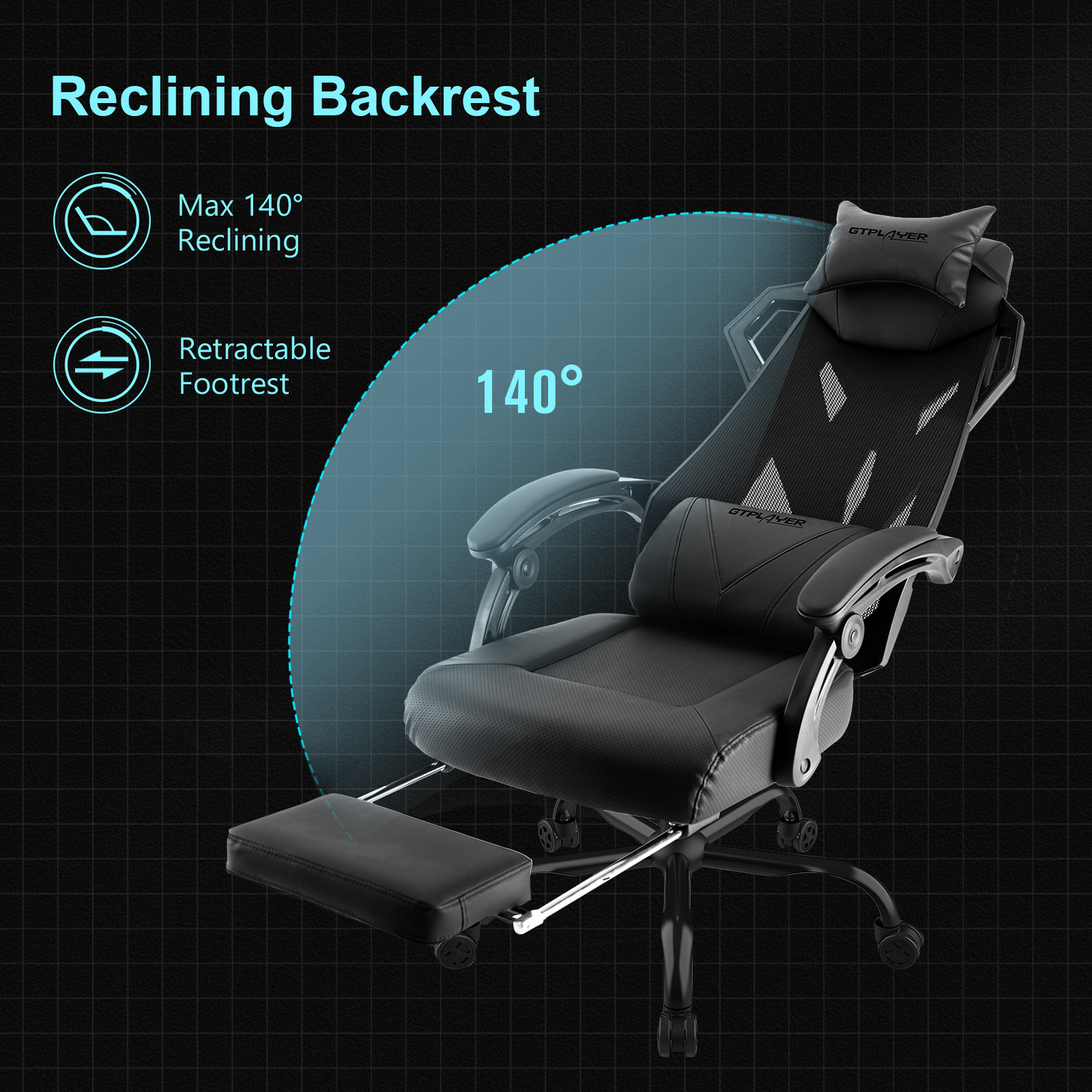 GTPLAYER Mesh Gaming Chair with Footrest 3D Stereoscopic Frame Support Ergonomic Fabric Cover Desk Chair