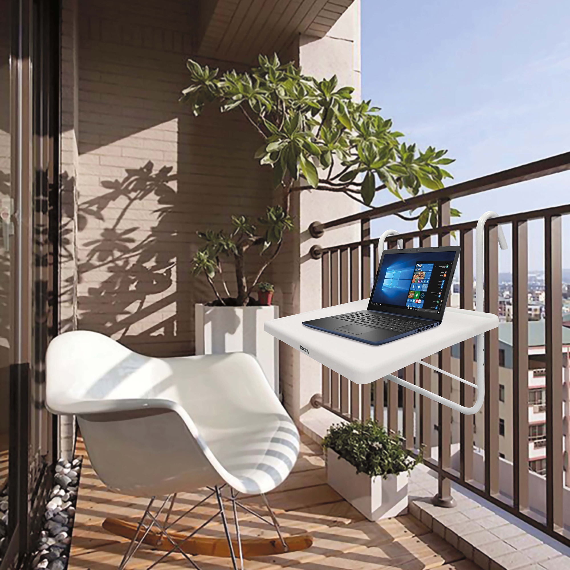 MESA PARA BARANDILLA JOCCA. MUEBLE MODERNO,PLEGABLE, COLGANTE, RESISTENTE Y AJUSTABLE DE BALCÓN. BARRA SIMPLE PARA EXTERIORES. ESTANTE IDEAL PARA LEER, APOYAR EL ORDENADOR O DESAYUNAR. GANA ESPACIO EN TU HOGAR.