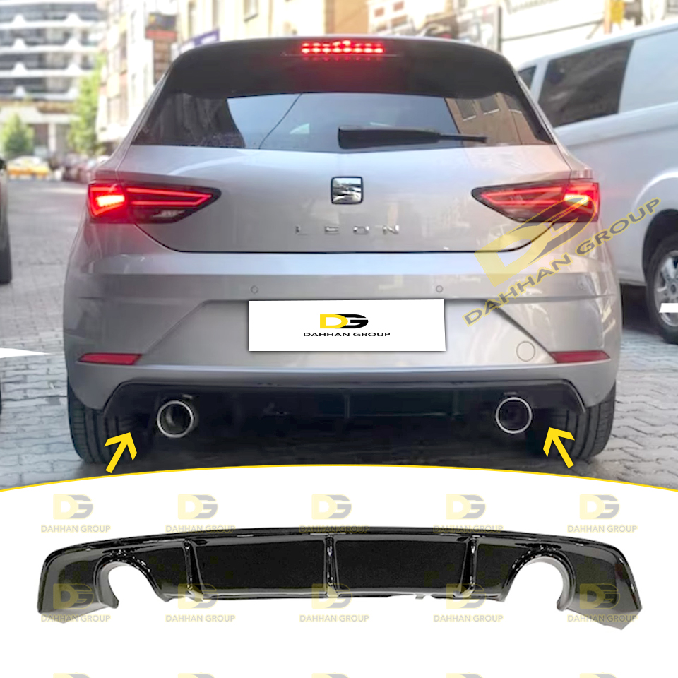 Seat Leon 2017 - 2020 Rear Diffuser Spoiler Wing Splitter Left + Right Single Exhaust Outputs Piano Gloss Black Surface Plastic