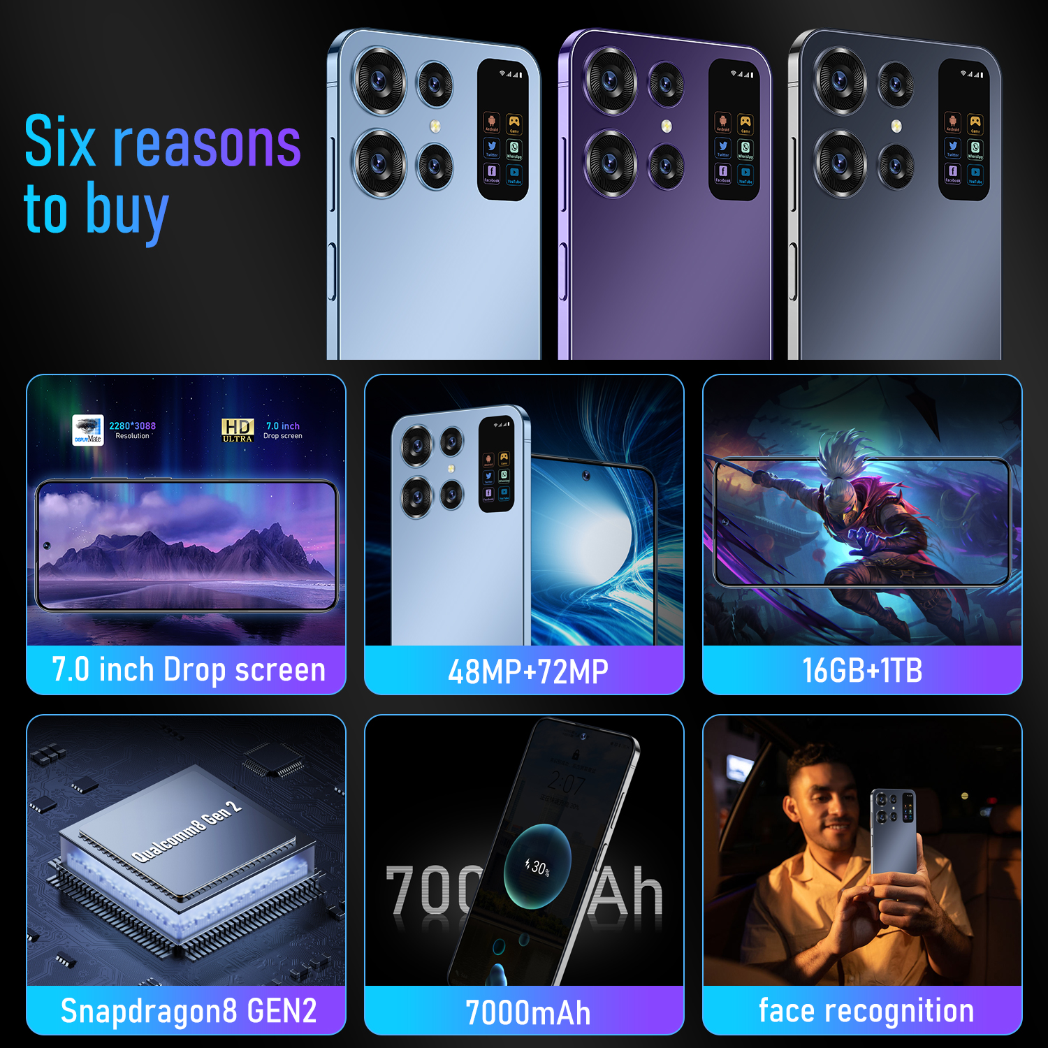 2025 Versione globale Telefoni cellulari per cellulari S26 Ultra 7.0HD 22G + 2TB Smartphone originale Android 13 7000mAh 5G Custodia per telefono