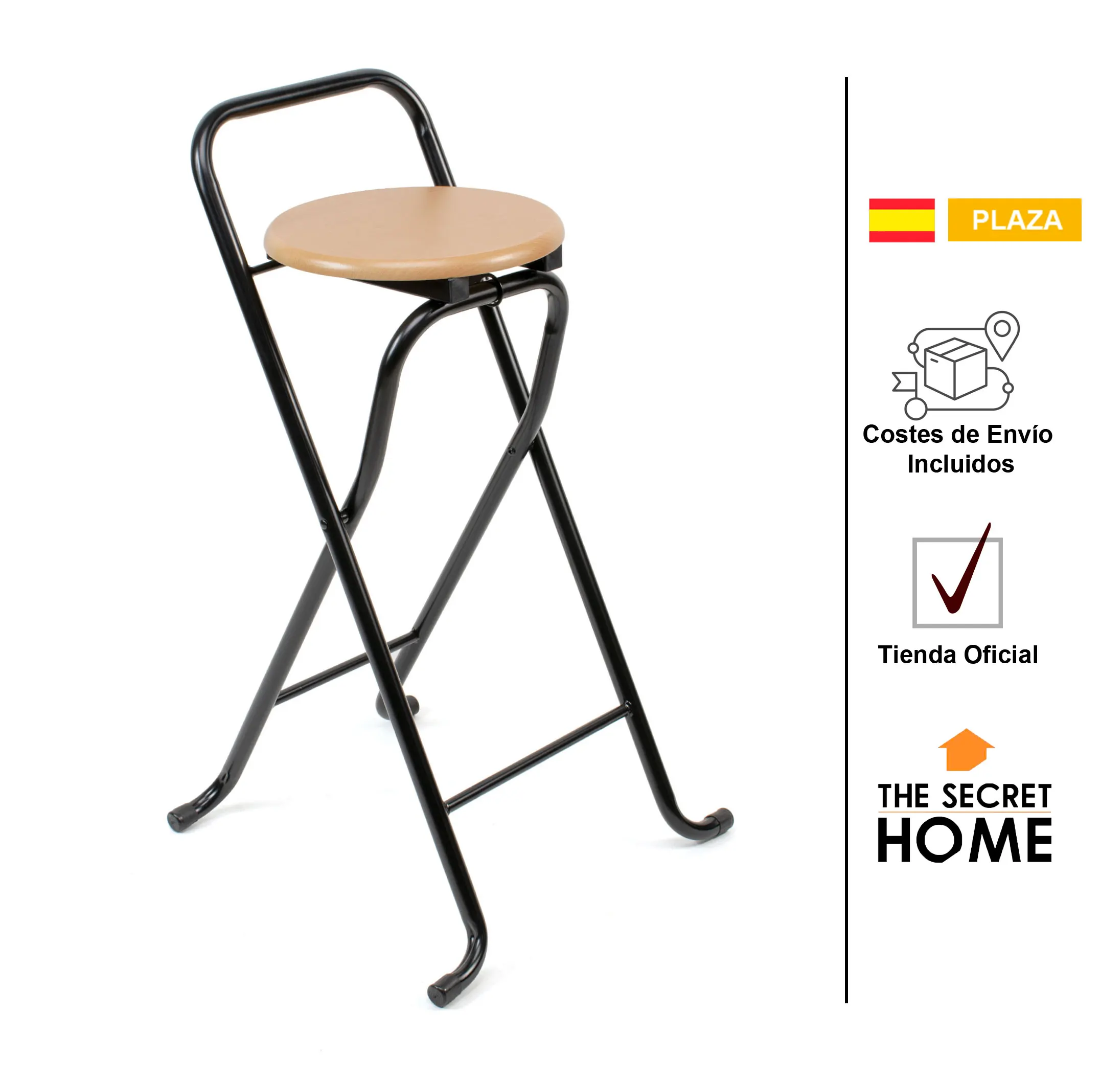 The Secret Home - Taburete Plegable con Respaldo - Silla Plegable de Metal y Madera - Ideal para Cocina, Terraza o Jardín - Varios Modelos