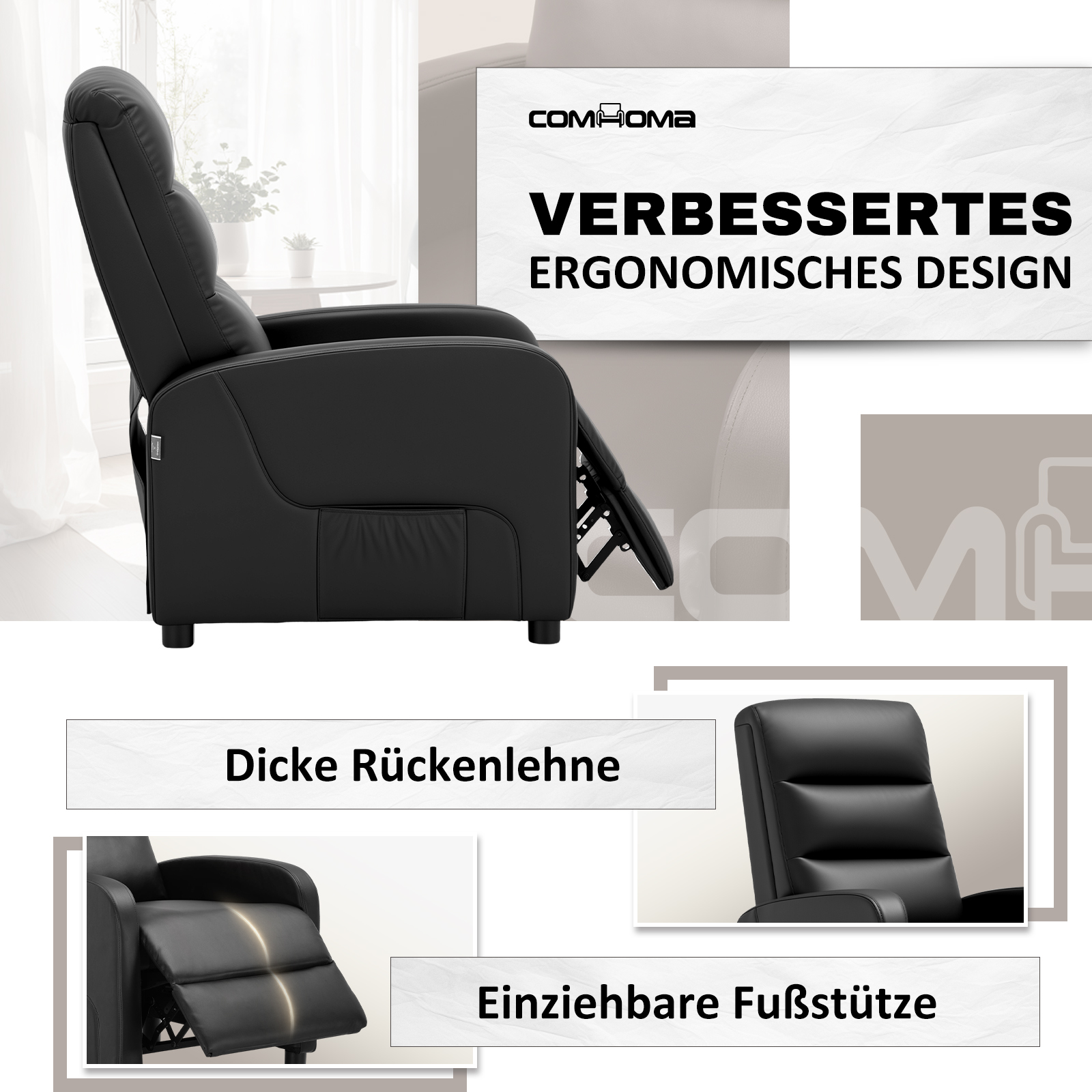 COMHOMA-Poltrona Relax com Encosto Ajustável, Almofadas de Penas com Apoio para os Pés, Lounge Individual, TV, Casa, Até 160 °