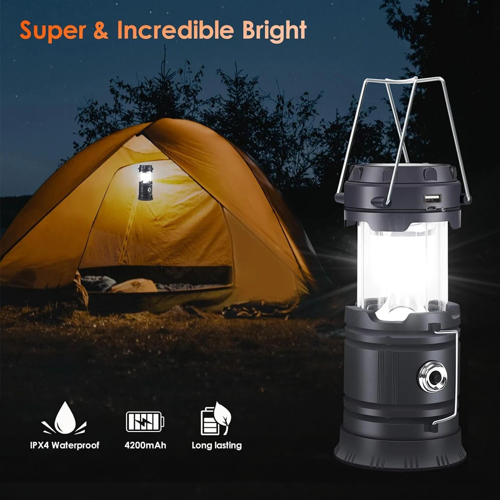 Linterna Solar LED plegable para acampar, recargable por USB, luces colgantes de emergencia para acampar al aire libre