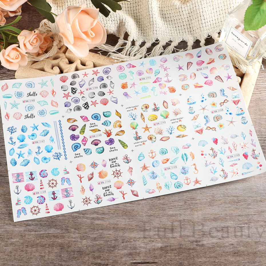 12 แบบเล็บ Sea Shell สติกเกอร์น้ําที่มีสีสัน Conch ปลาดาว Sliders ฤดูร้อน Ocean Theme Decals ตกแต่งเล็บ
