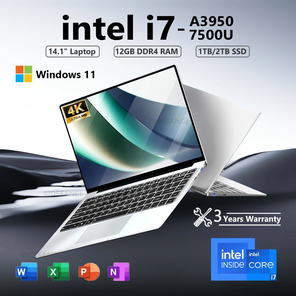 Computer portatile da 14,1 pollici Intel Core i7 7500U A3950 Laptop ultra sottile 12 GB di RAM 1T 2T SSD Windows 11 PC portatile Studio da ufficio