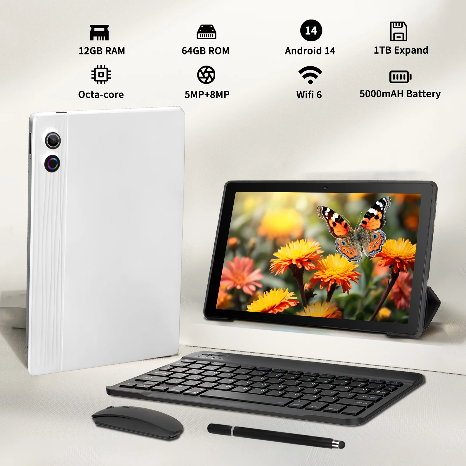 Android 14 10 inch Tablet, A523 Octa Core, 8GB RAM + 64GB ROM(TF 1TB), 5000mAh, Face Unlocked,Black+Keyboard & Mouse Set, Black