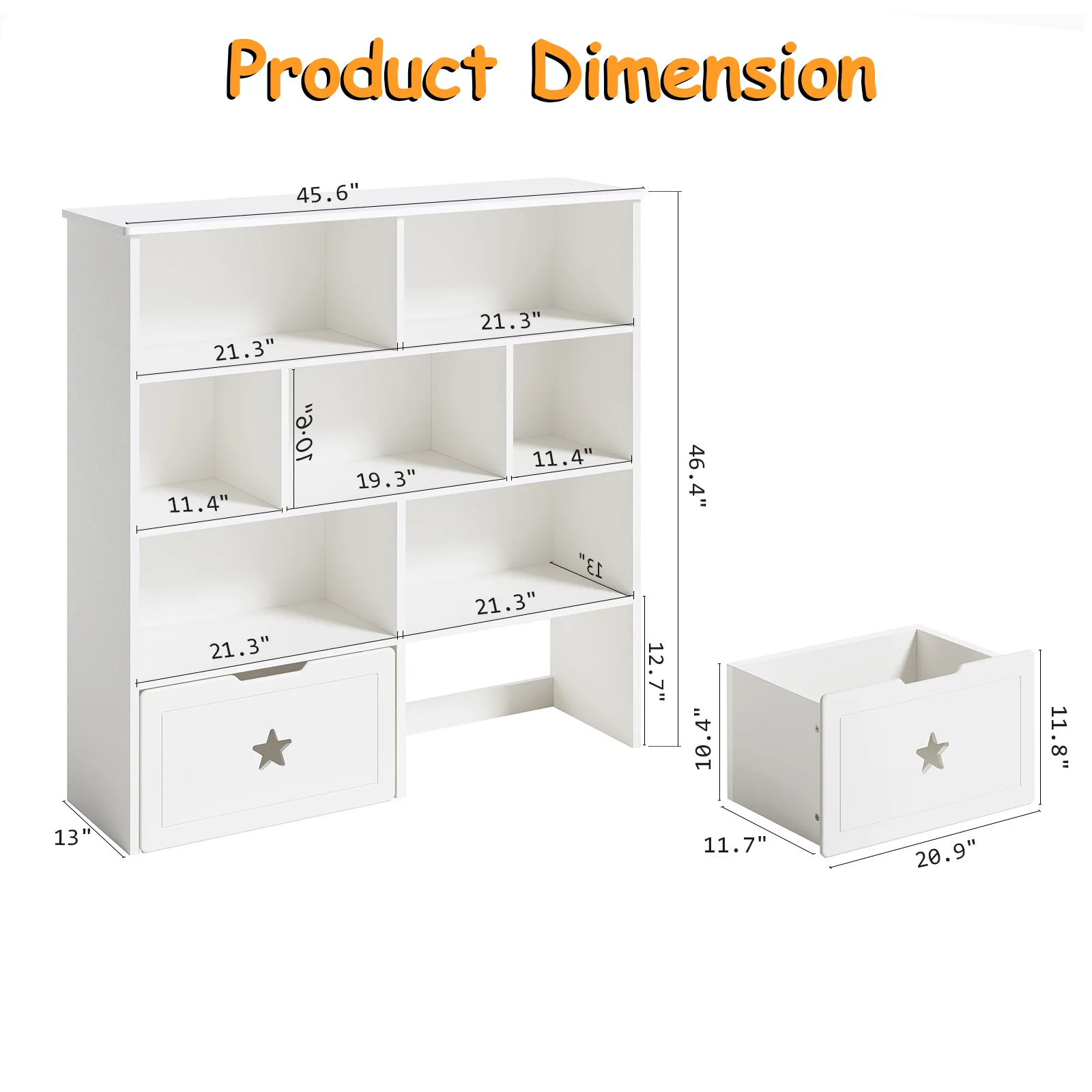 46" Toy Shelf for Kids Rooms,Cute Star Toy Storage Cabinet,Kids Bookshelf,Kids Bookcase with 7 Cubbies & 2 Rolling Drawers