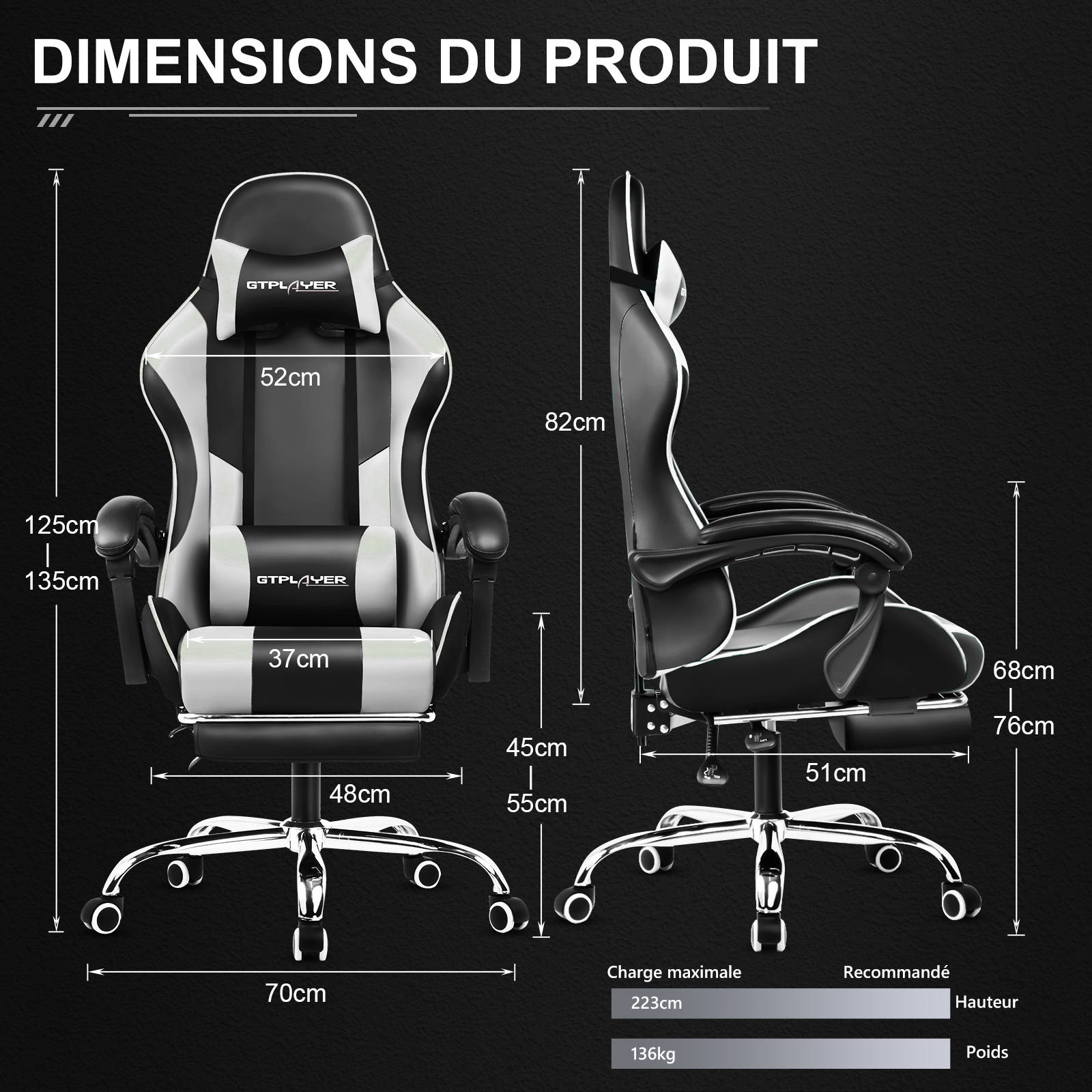 Chaise Gaming GTPLAYER avec Massage, Chaise Ergonomique avec Repose-Pieds, Dossier Réglable et Coussin Lombaire pour Bureau