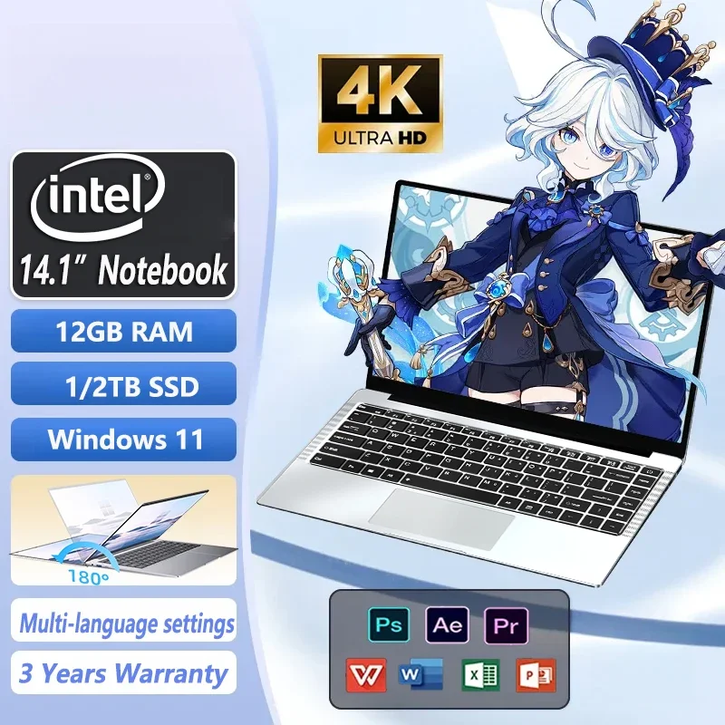 NUOVO 14.1 "Ultra Sottile Del Computer Portatile 12GB di RAM 2TB SSD Intel Atom x7 A3950 Notebook Gamer Windows11 1920*1080 Display Ufficio Studio Computer PC