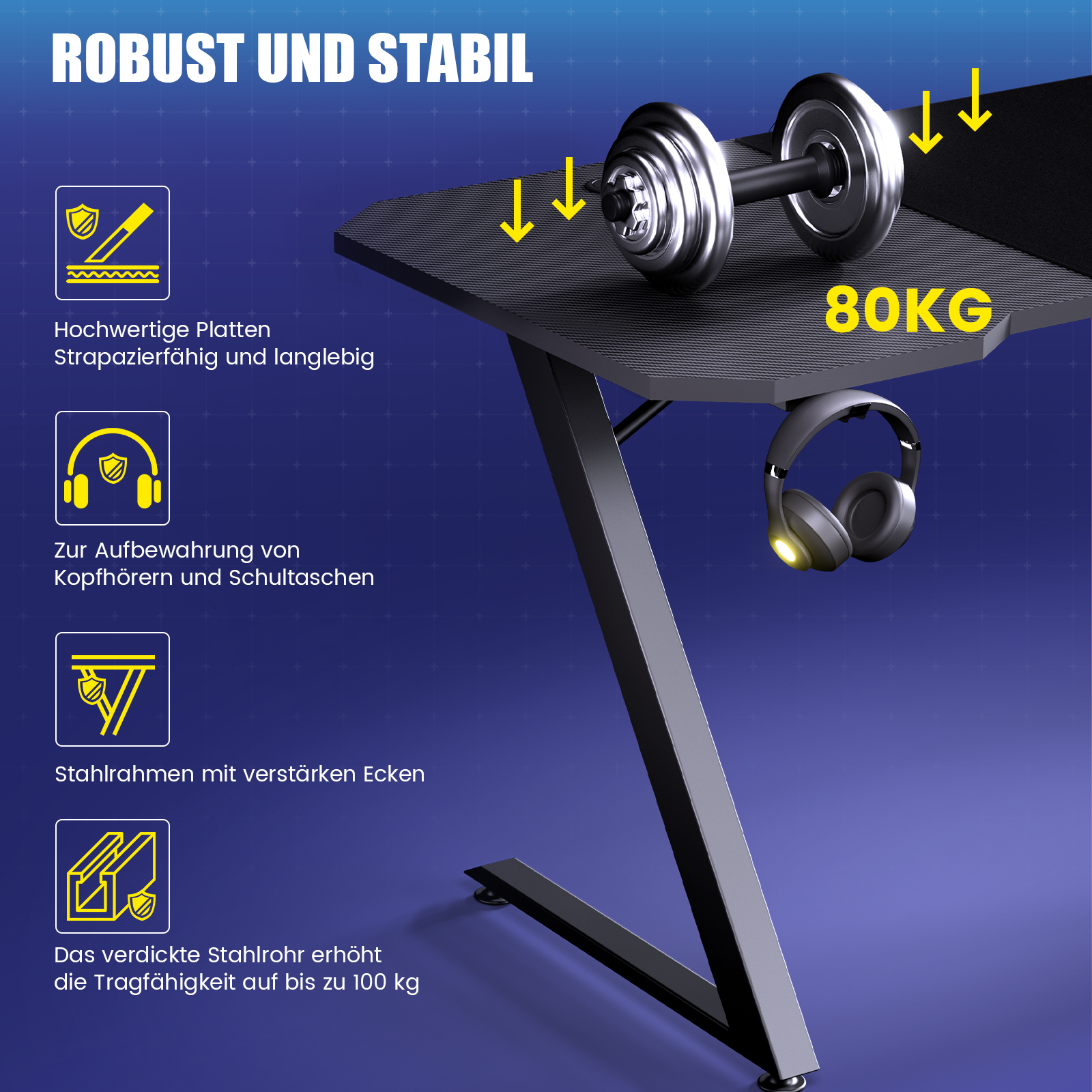 GTPLAYER Gamingtafel, Gaming bureau 120x60cm, PC-tafel Gamertafel met koolstofvezeloppervlak/LED/aansluiting, Zwart