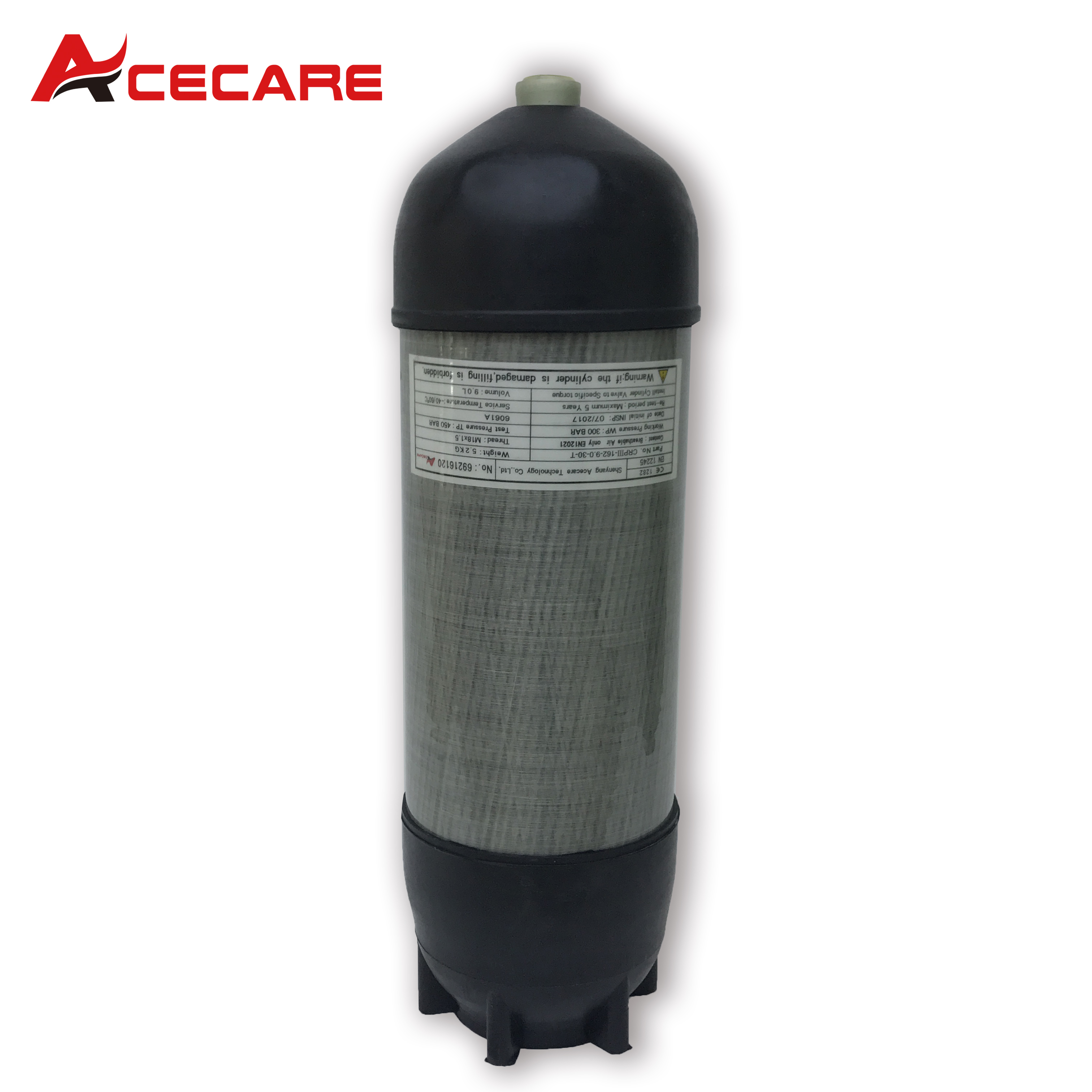 ACECARE HPA Cilindro De Fibra De Carbono com Botas De Proteção De Borracha, Scba Diving Air Tank, M18 * 1.5, 300Bar, 4500Psi, 30Mpa, 9L