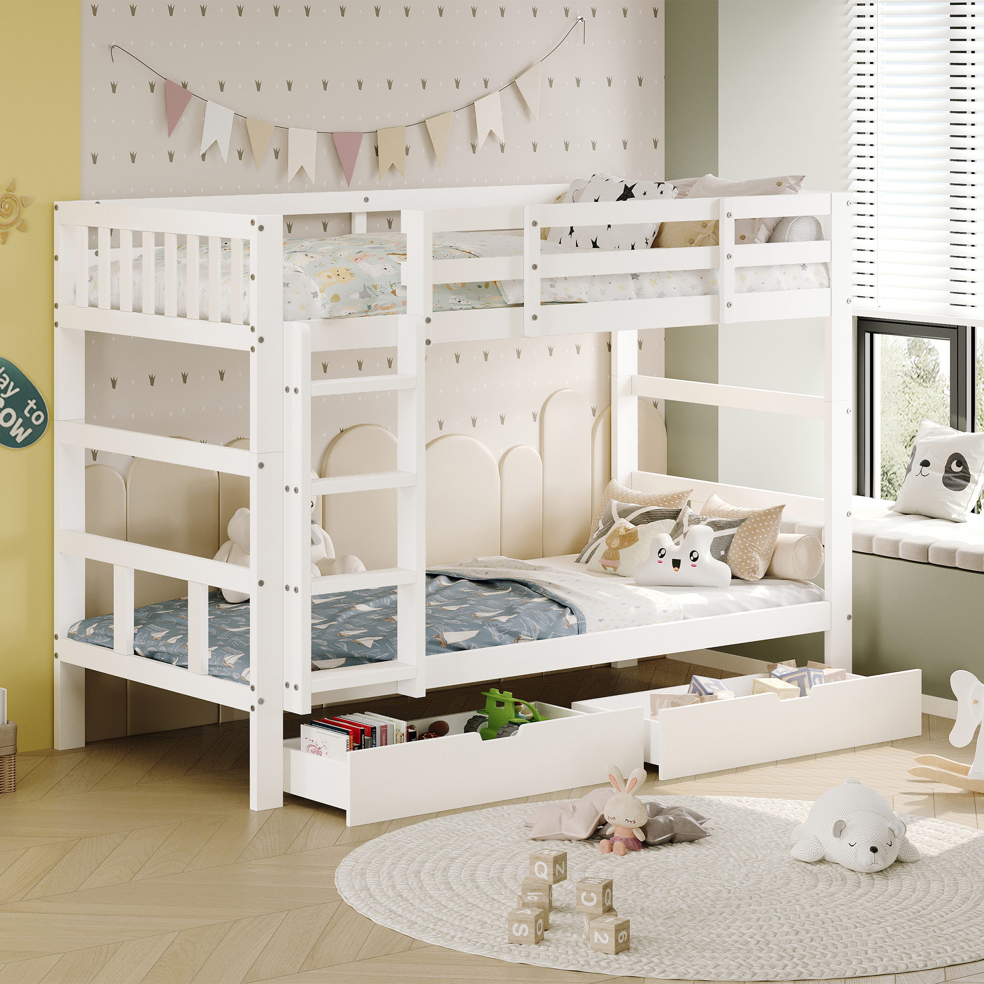 Rosahqnda lit enfant 90*200 cm lit multifonction lit simple lit double avec protection contre les chocs et 2 tiroirs lit garçon lit fille