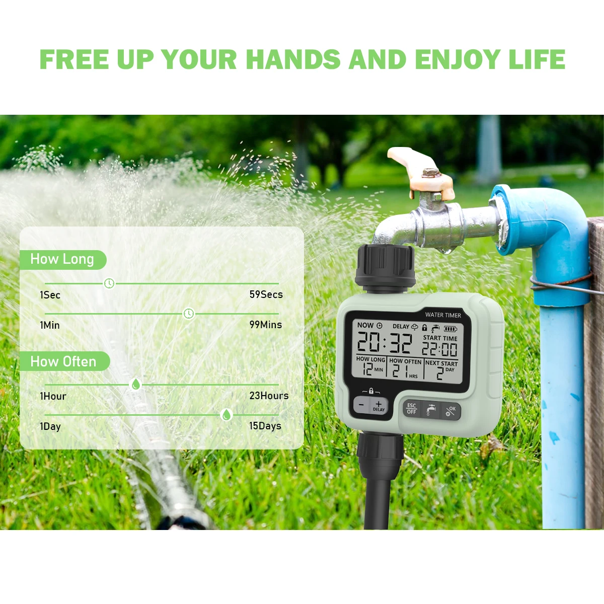 Eshico HCT-322 Automatischer Wassertimer, digitale Gartenbewässerungsmaschine, intelligenter Sprinkler für den Außenbereich, um Wasser und Zeit zu sparen