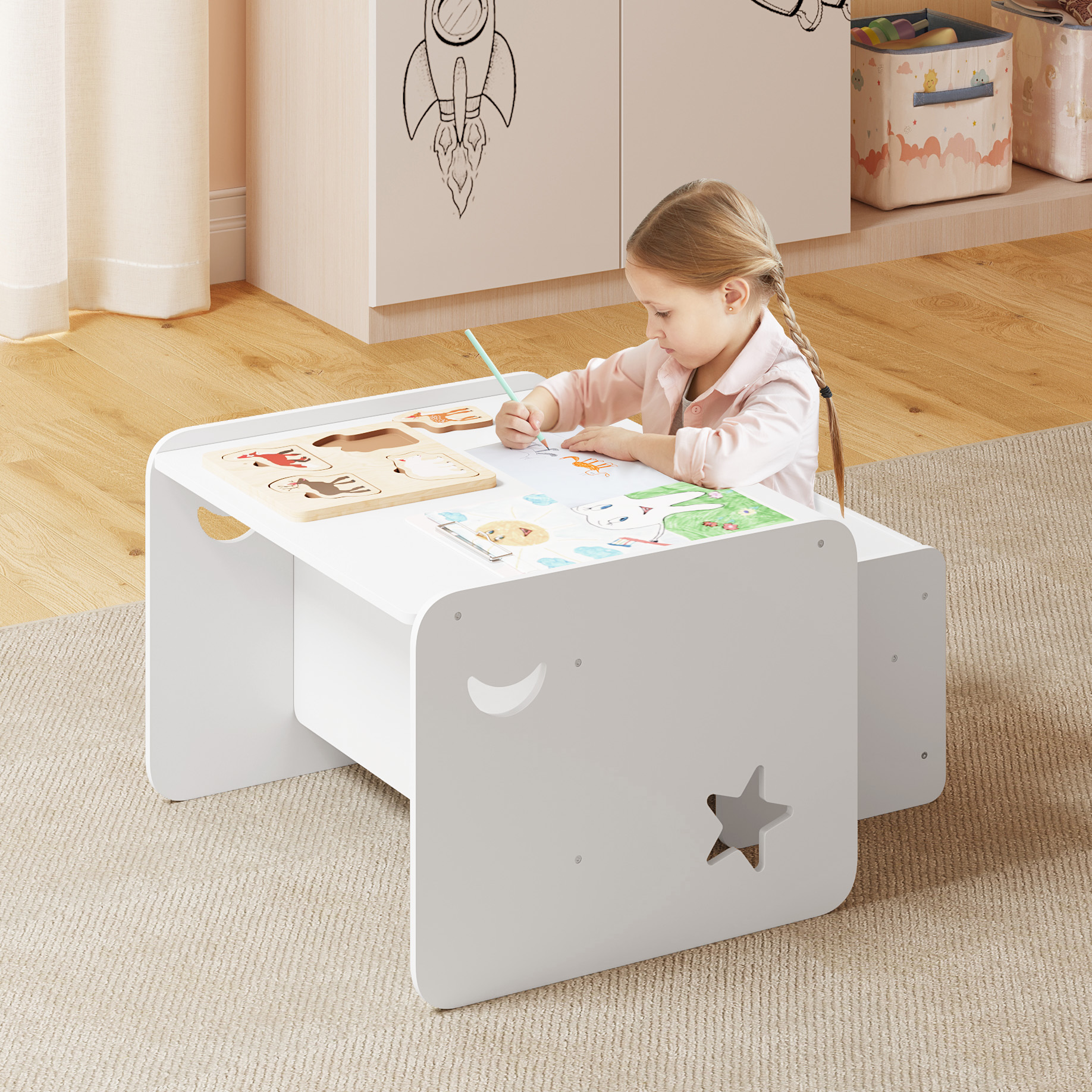 WOLTU Kindertafel met 2 stoelen Multifunctionele kindermeubelset voor speelkamer Kleuterschool Kinderkamer