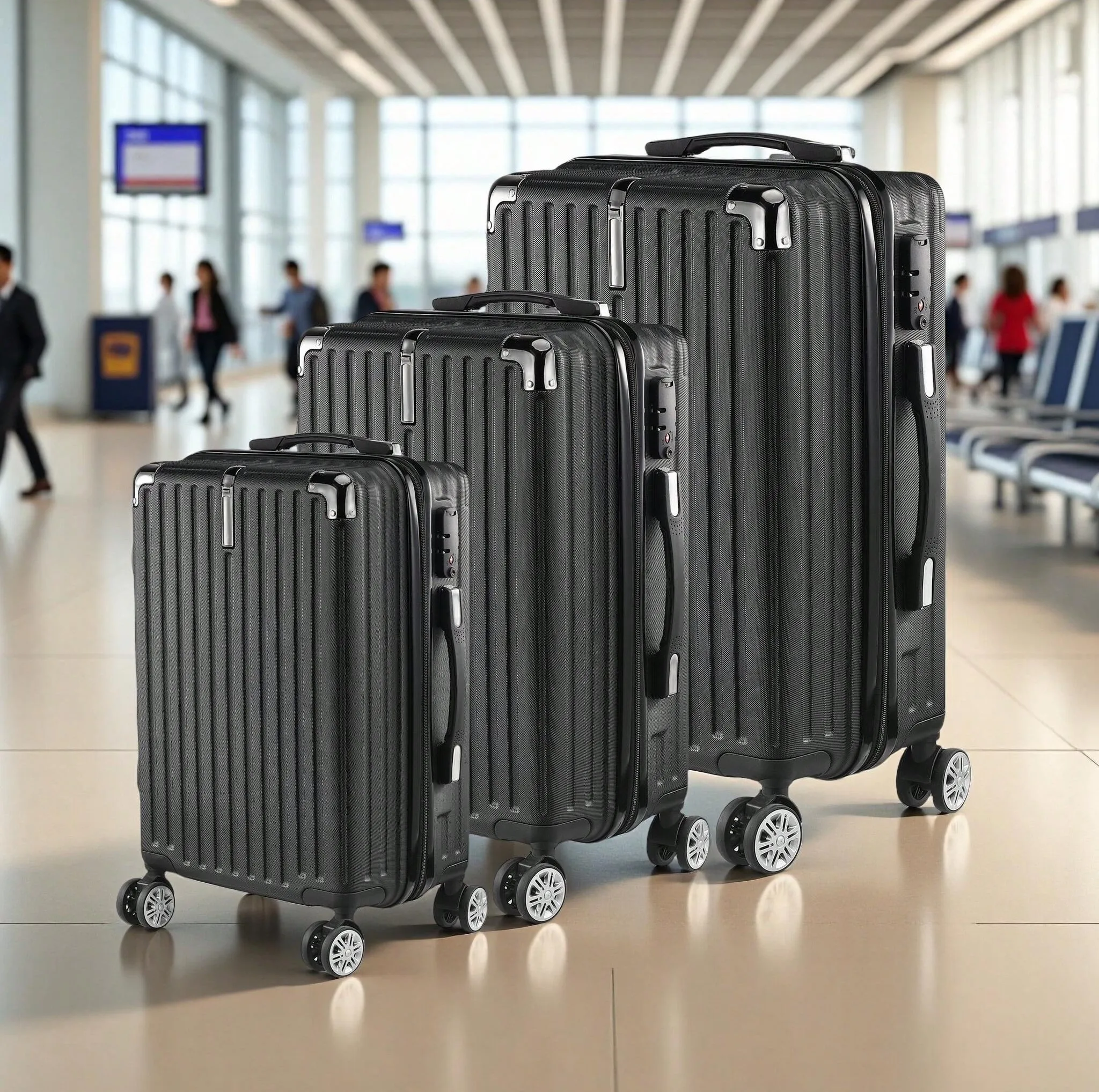 Rosahqnda 3-teiliges Kofferset mit TSA-Schloss ABS schwarz Reisekoffer Hartschalen Trolley Koffer M/L/XL Set