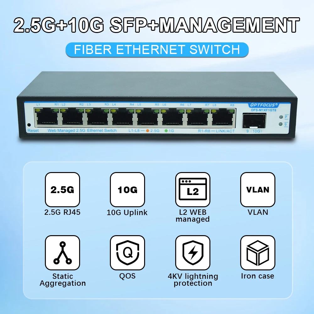 OPTFOCUS Web gestionado 5 8 puertos 2,5G 10G conmutador de red VLAN 2,5 gbe RJ45 hub ethernet 10gbe sfp + con agarración de enlace Qos