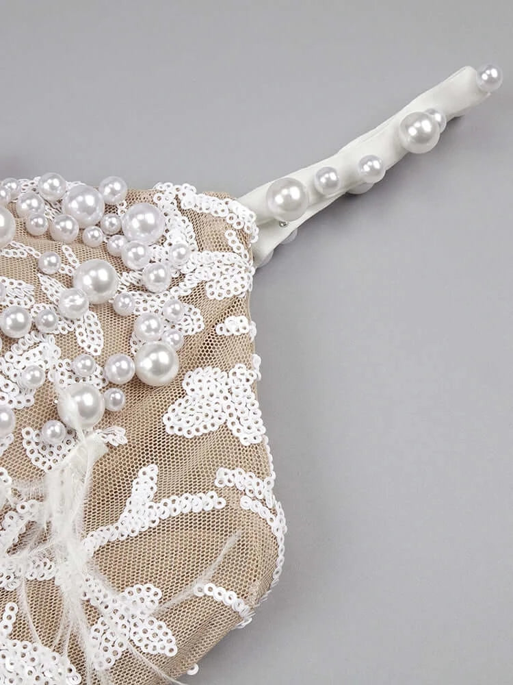 Vestido de noite elegante de lantejoulas com enfeites de pérolas e vestidos de noite com bandagem de penas vestido feminino