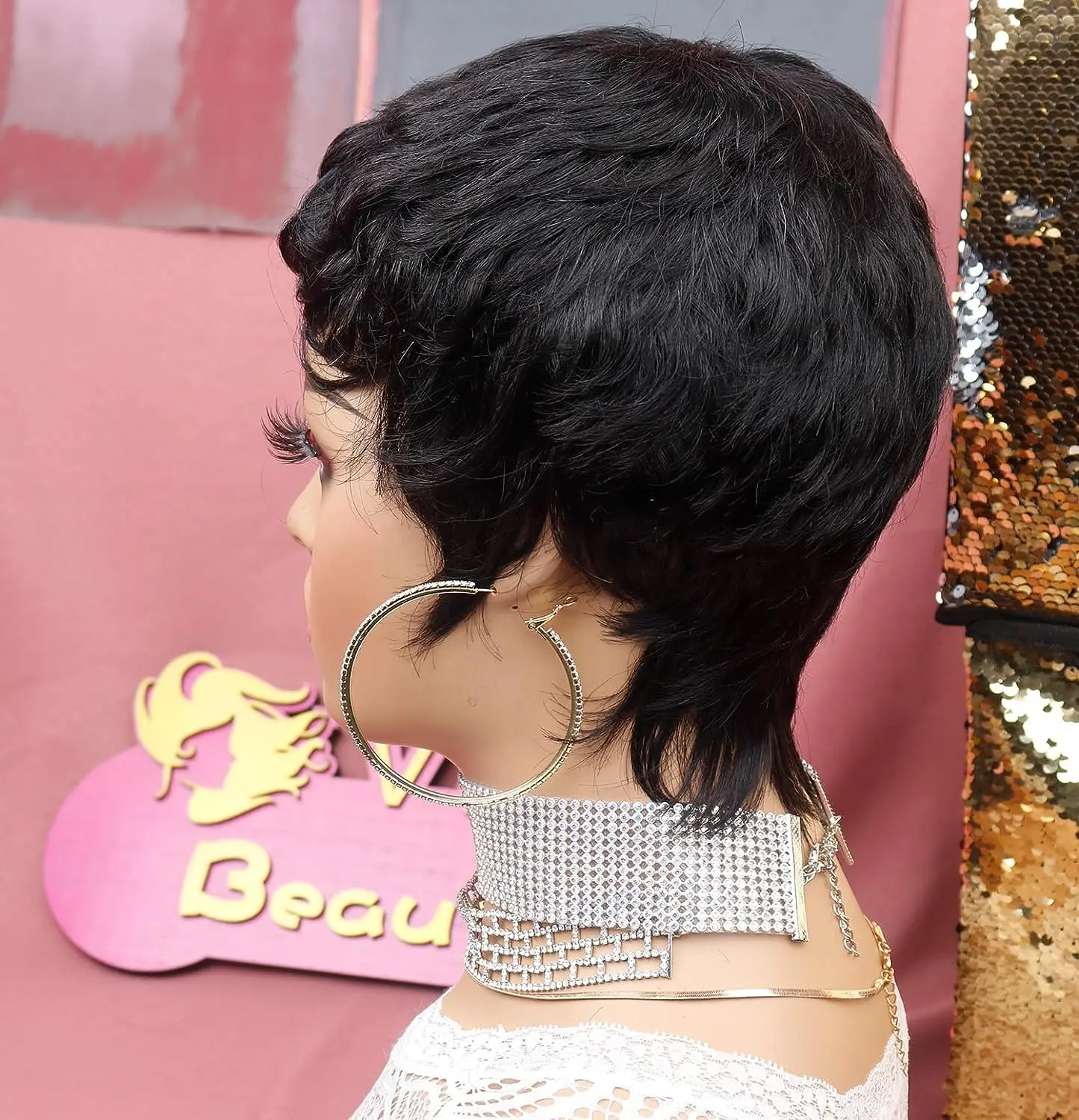Perruque synthétique courte de style elfe pour femmes noires, perruque superposée ondulée à la mode avec filet à cheveux gratuit