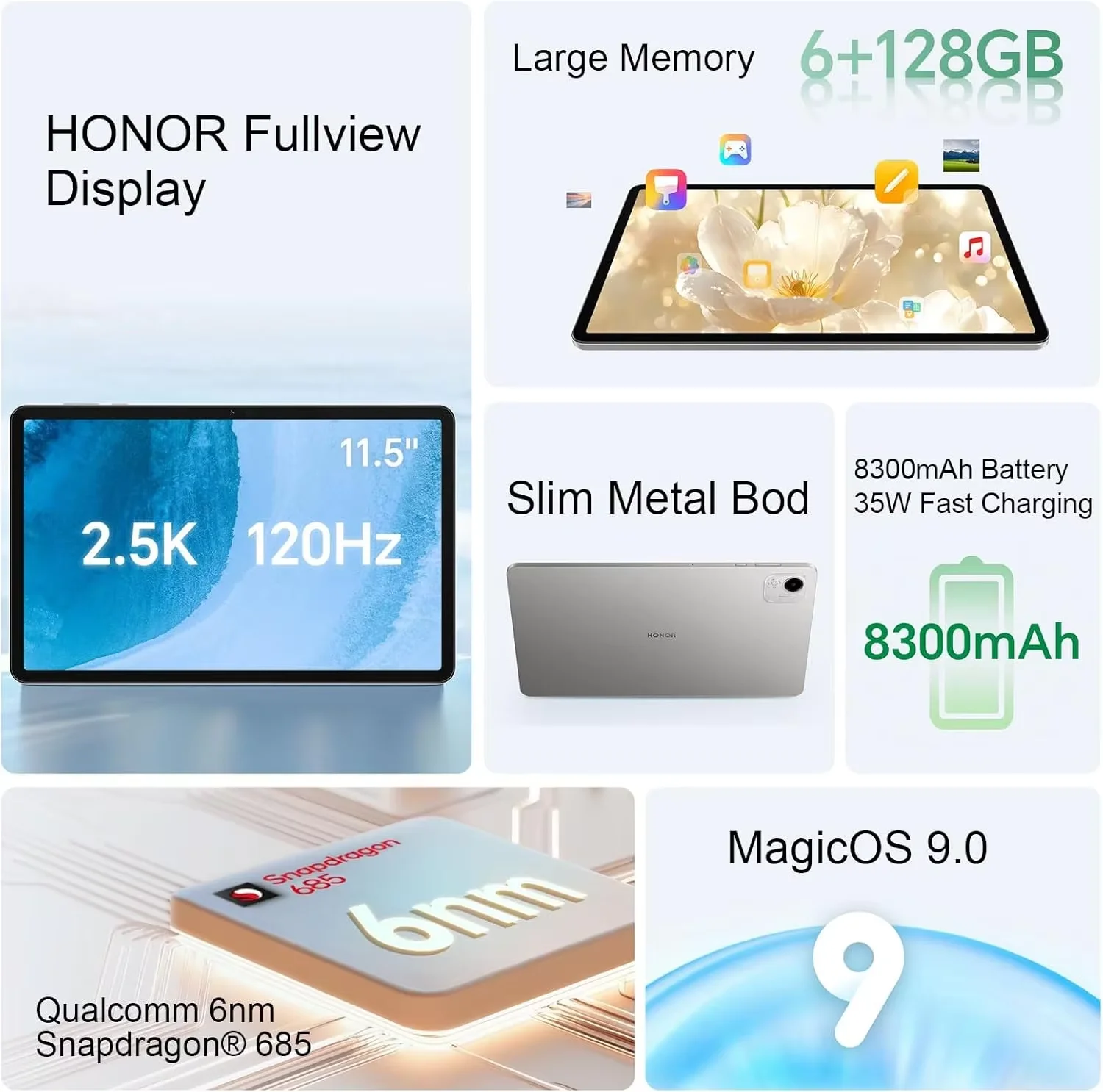 Globale Version HONOR Pad X9a 11,5" 120Hz 2,5K Fullview Display Snapdragon 685 Slim Metal Body Tablet WiFi Android15 8300mAh