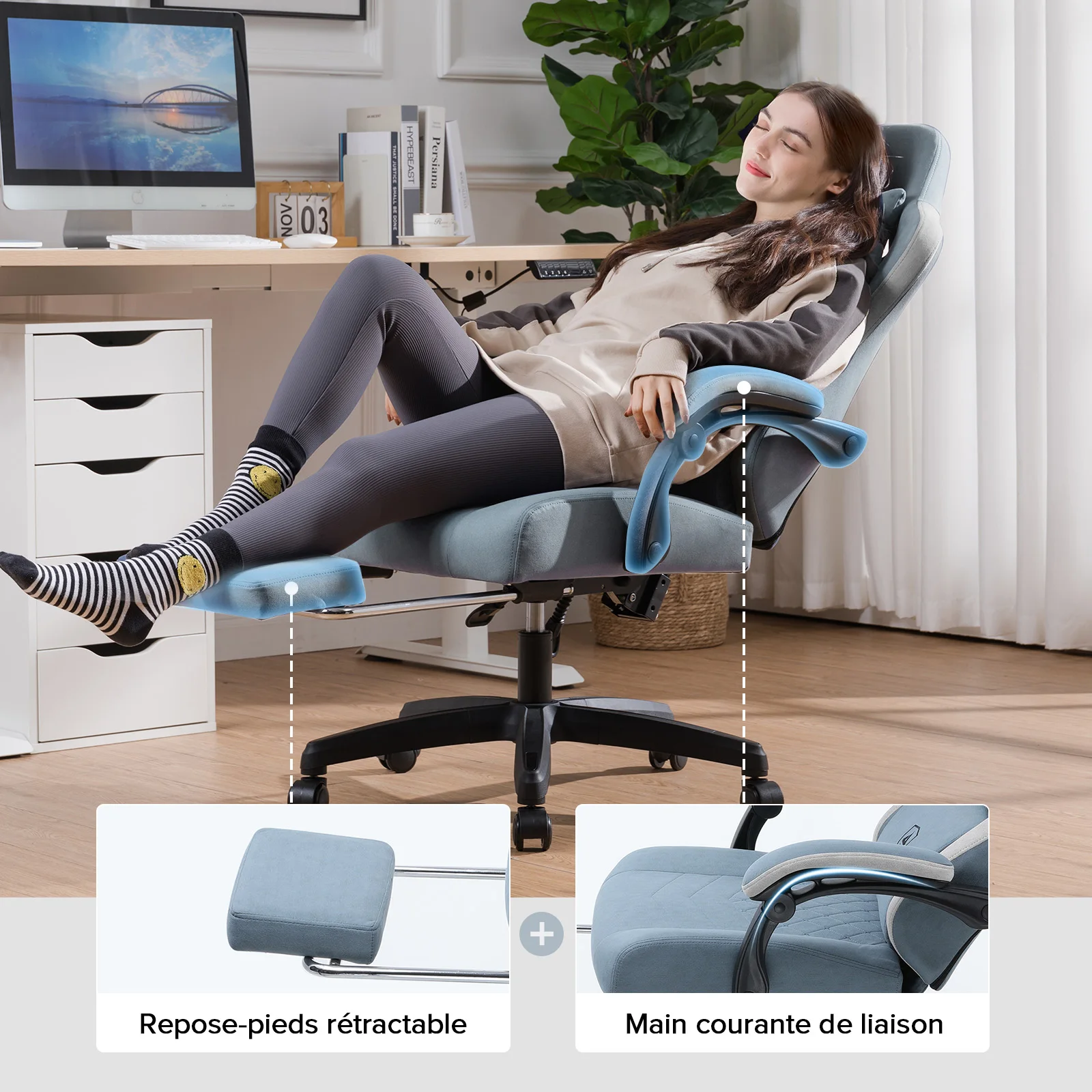 GTPLAYER Chaise Gaming Ergonomique en Tissu, Fauteuil Gamer avec Repose-Pieds, Accoudoirs Reliés et Coussin à Ressort