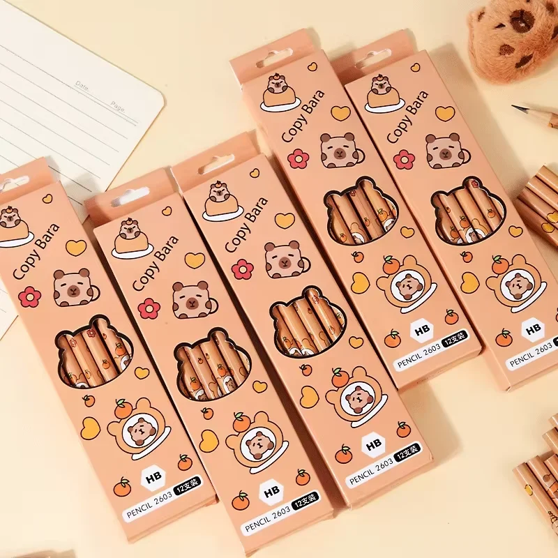 12pçs lápis de capivara kawaii, lápis de desenho com borracha sem ponta para estudantes de escritório escolar, lápis de fornecimento de papelaria