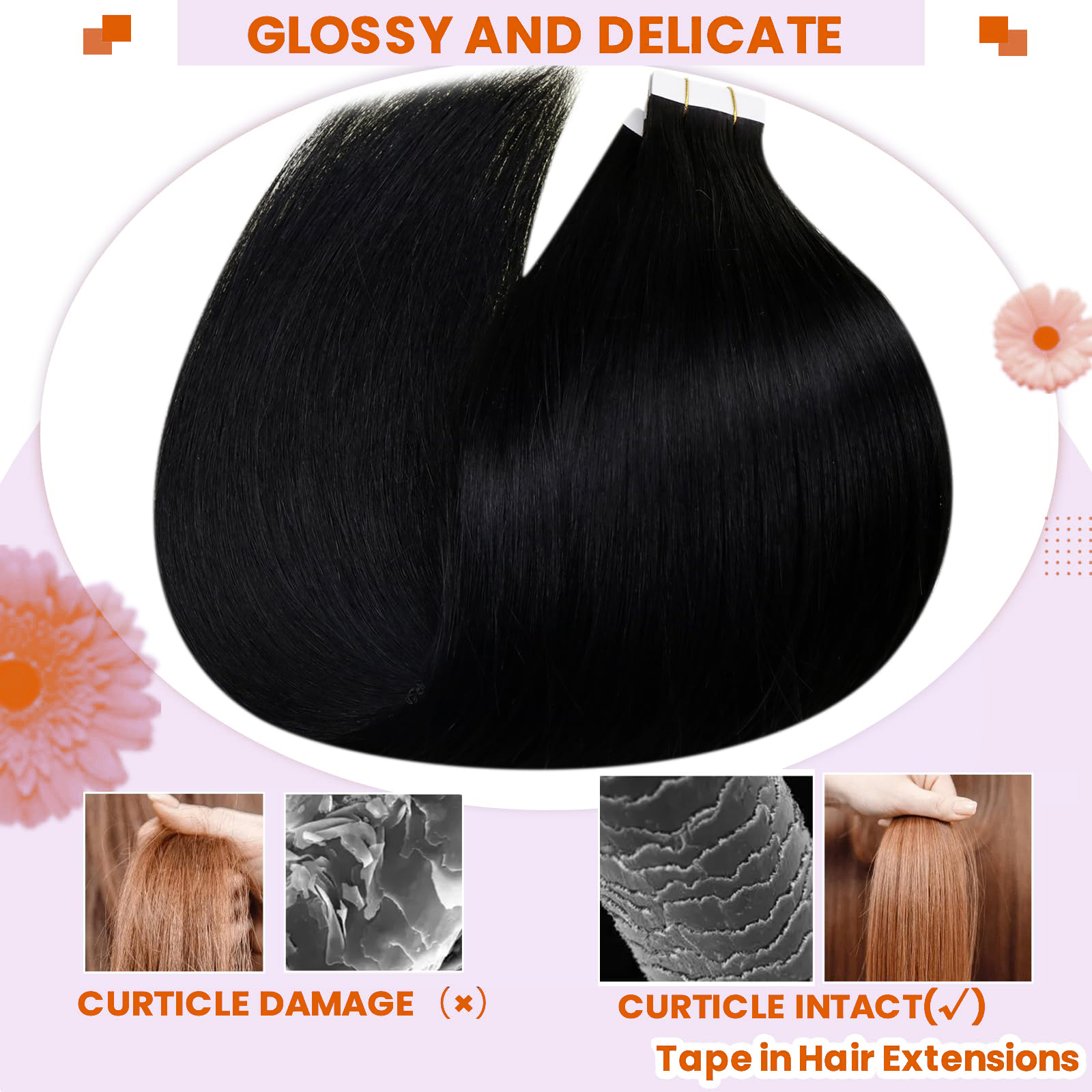 Briller réel cheveux humains bande droite dans les Extensions noir Double face bande pour peau trame cheveux Extensions sans couture bande dans # 1B