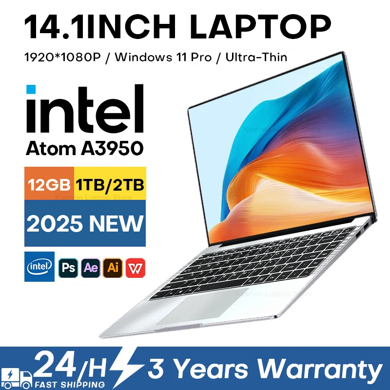 Erilles Computer portatile Windows 11 Pro Intel Atom A3950 2025 Notebook PC 12GB RAM 512GB 1TB 2TB SSD 1080P Computer da studio per ufficio