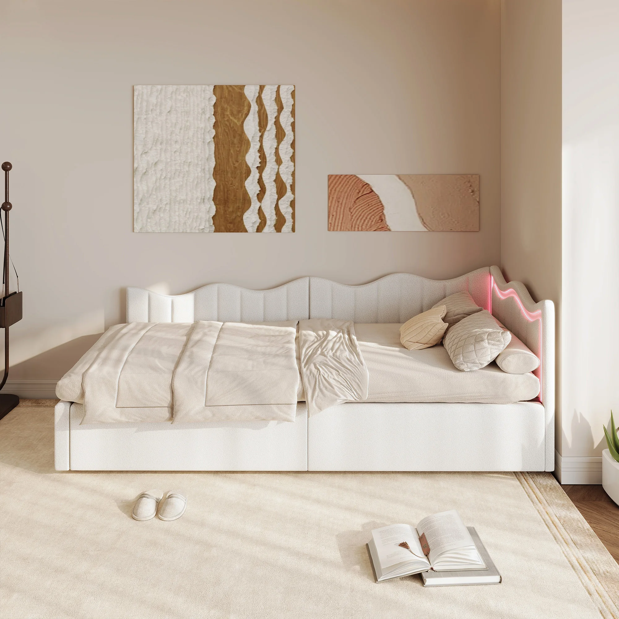 Łóżko dziecięce Rosahqnda 90*200cm Łóżko pojedyncze Sofa tapicerowana Łóżko dmuchane Łóżko młodzieżowe Beżowy aksamit Biały pluszowy miś Biuro