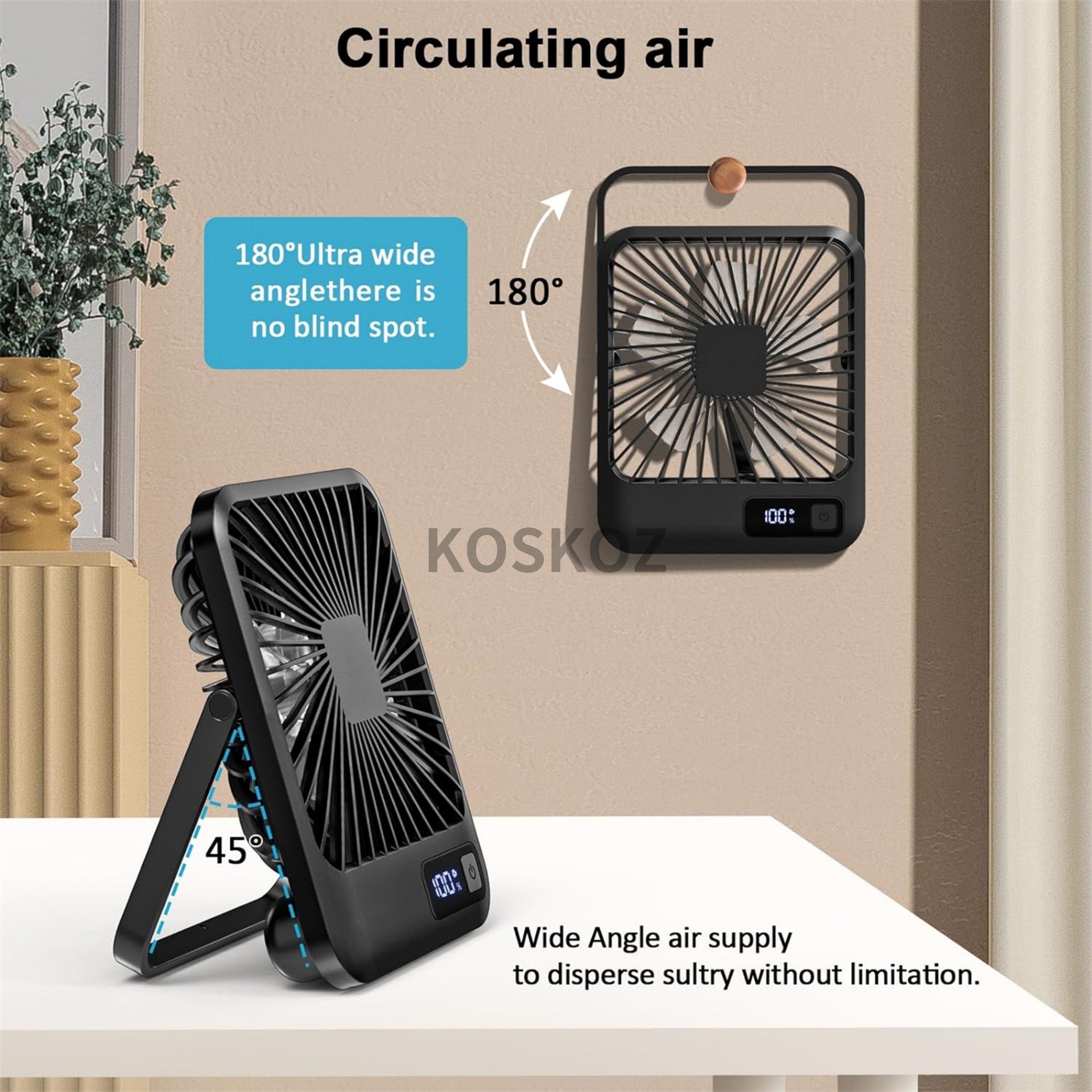 Desk Fan, Portable USB Rechargeable Fan, 180° Tilt Folding Personal Fan With Power Display, 5 Speeds Ultra Quiet Table Fan