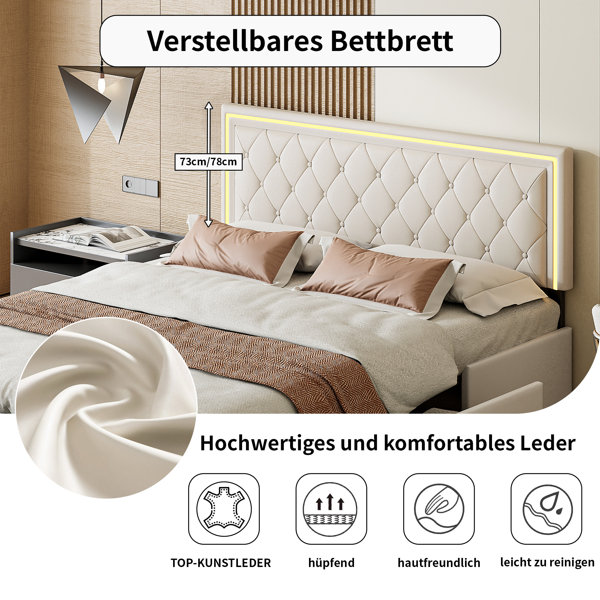 Rosahqnda Lit moderne en simili cuir avec tiroirs, lit double élégant en simili cuir avec rangement, sans matelas