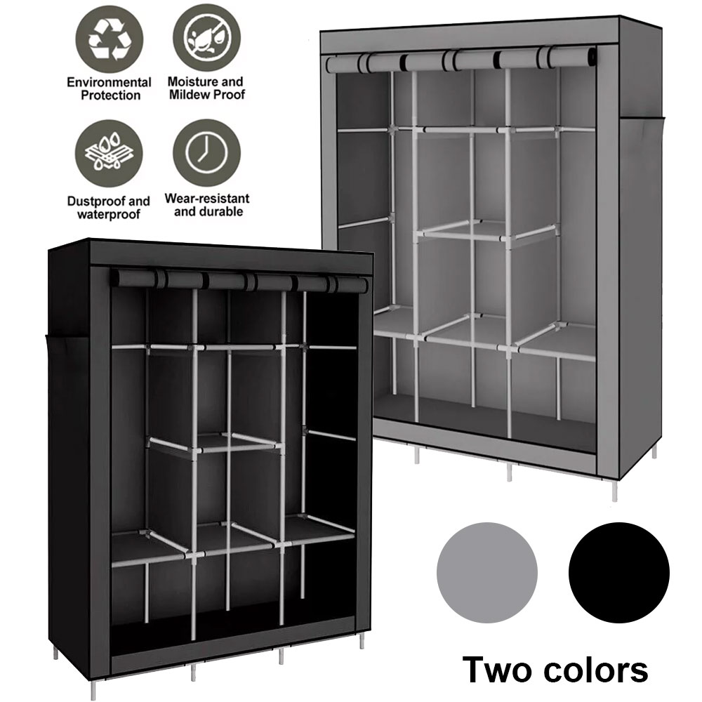 Large Canvas Fabric Wardrobe With Hanging Rail Shelving Clothes Storage Cupboard