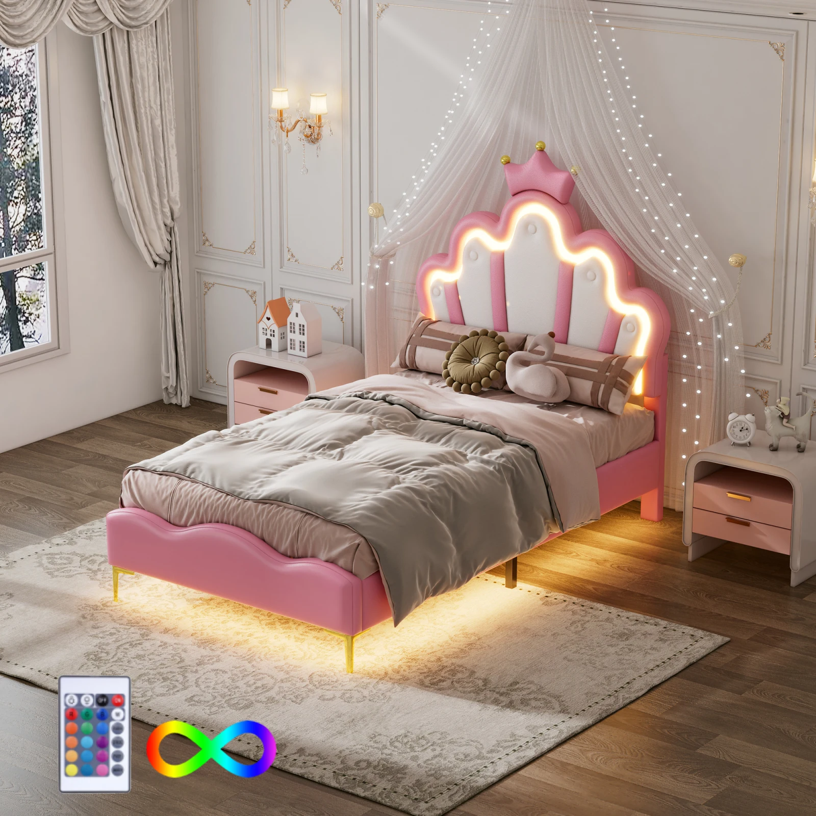 Łóżko dziecięce Rosahqnda 90x200 cm z oświetleniem LED, łóżko księżniczki, łóżko z koroną, łóżko dla dziewczynek/łóżko dziecięce/łóżko pojedyncze/łóżko płaskie/łóżko z PU