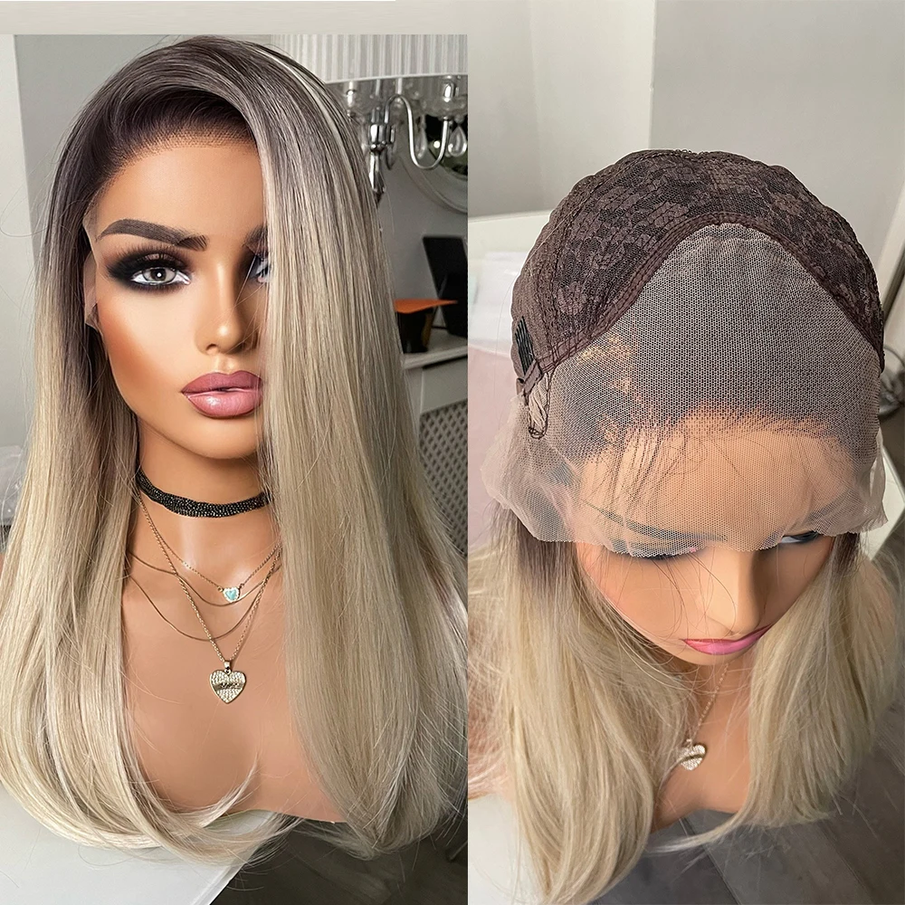 Peluca de encaje Rubio degradado, línea de cabello prearrancada, parte libre, peluca con malla frontal suiza 13x3, peluca sintética resistente al calor