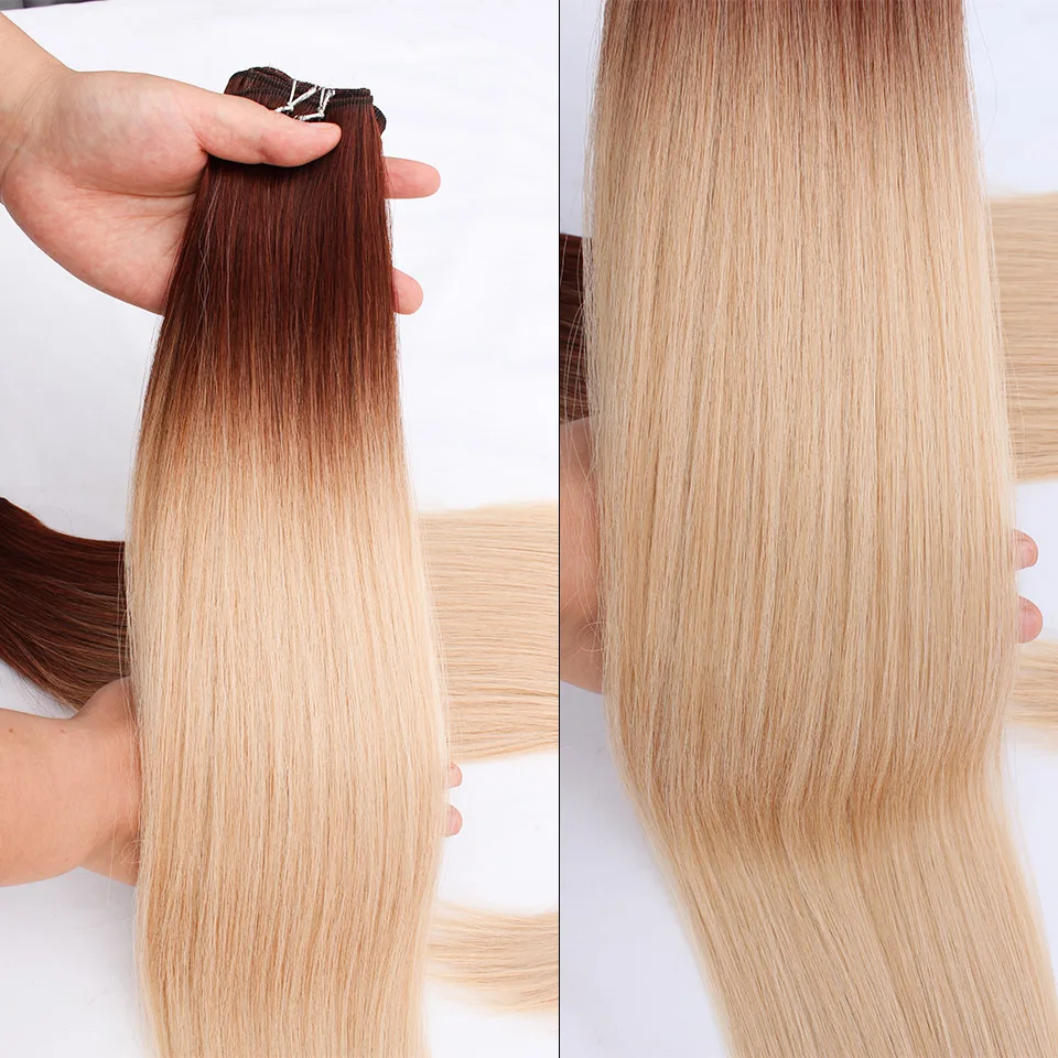 Bio-proteína em linha reta tecer cabelo sintético pacotes de fibra resistente ao calor 26 polegadas rabo de cavalo extensões de cabelo sintético em linha reta