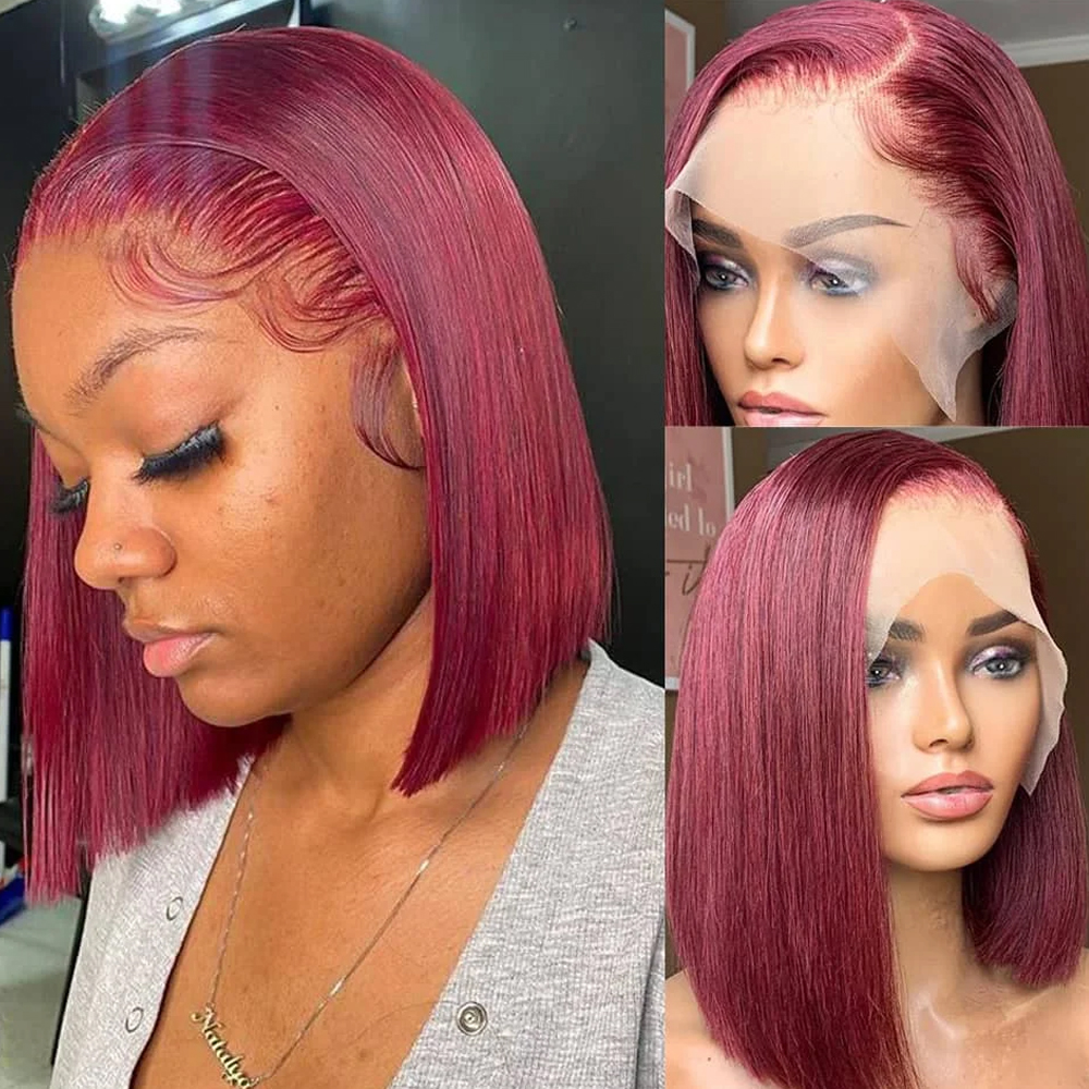 99J เบอร์กันดีวิกวิกผมบ็อบสั้นตรงเส้นผมมนุษย์ลูกไม้ด้านหน้าวิกผมกระดูกวิกผมตรง100% วิกผม