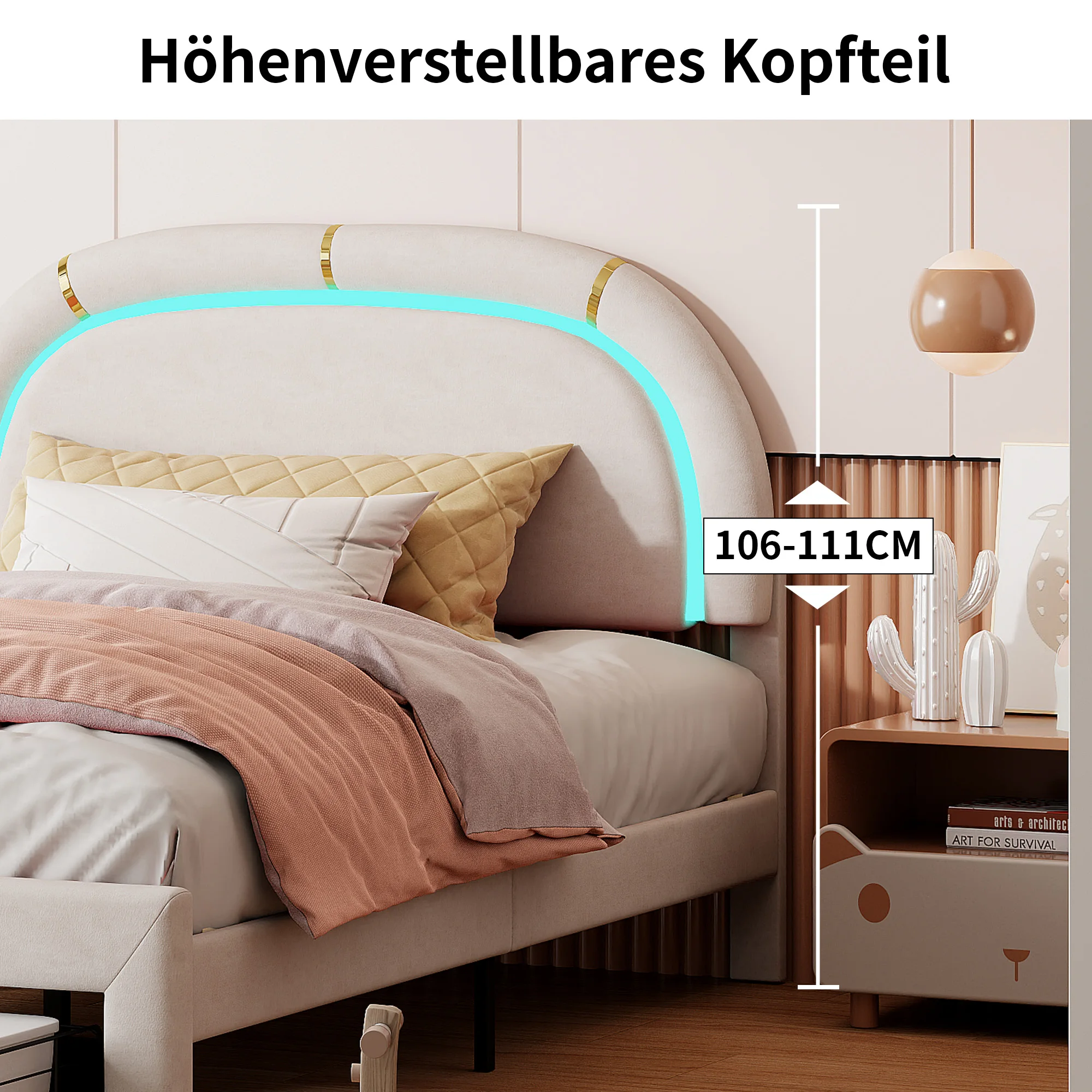 Lit enfant Lit double LED 140 x 200 cm, cadre de lit rembourré avec sommier à lattes et tête de lit réglable, lit en flanelle, lit pour adolescents