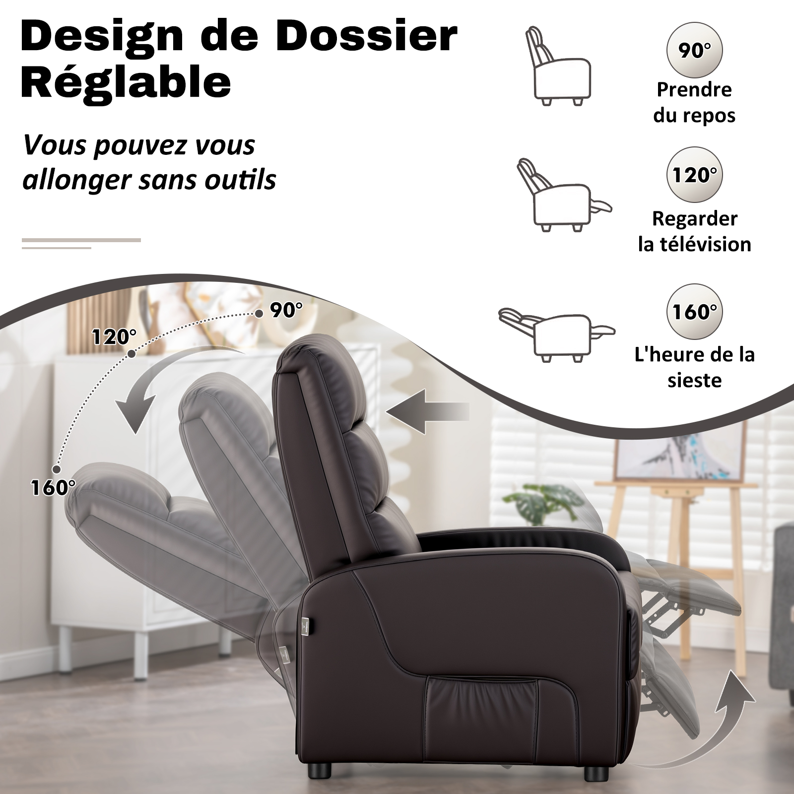 COMHOMA Fauteuil Relax Fauteuil TV avec Dossier Réglable jusqu'à 160°, Coussin Plume avec Repose-pieds Fauteuil Lounge Simple Salon Fauteuil Lounge Simple Chambre Home Cinéma PU