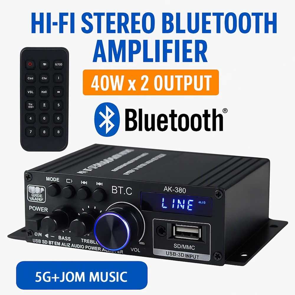 AK-380 bluetooth amplificador de áudio hi-fi 40wx2 amplificador de potência estéreo com controle remoto usb sd entrada aux para casa/carro