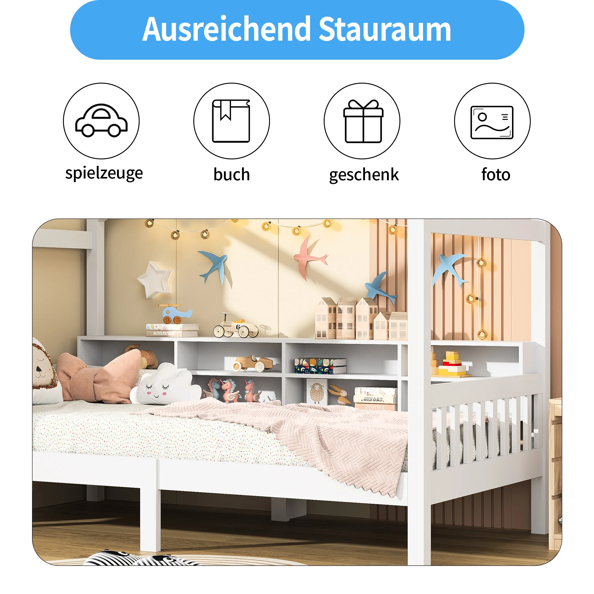 Cama infantil de madeira com quadro-negro e espaço de armazenamento, madeira maciça com moldura ralada, sem colchão, 90x200 cm